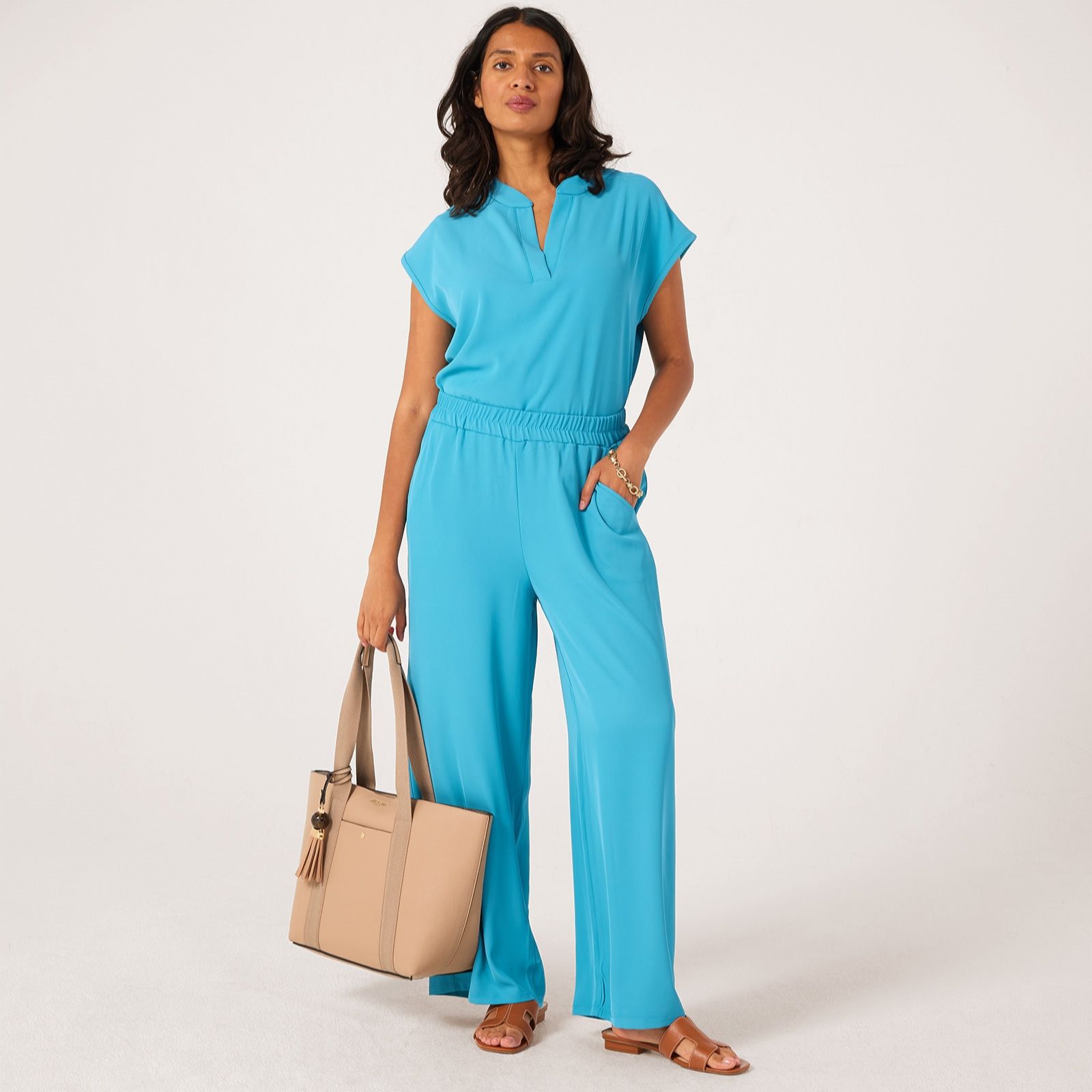 Kim & Co Silky Twill Wide Leg Petite Trousers With Pocket