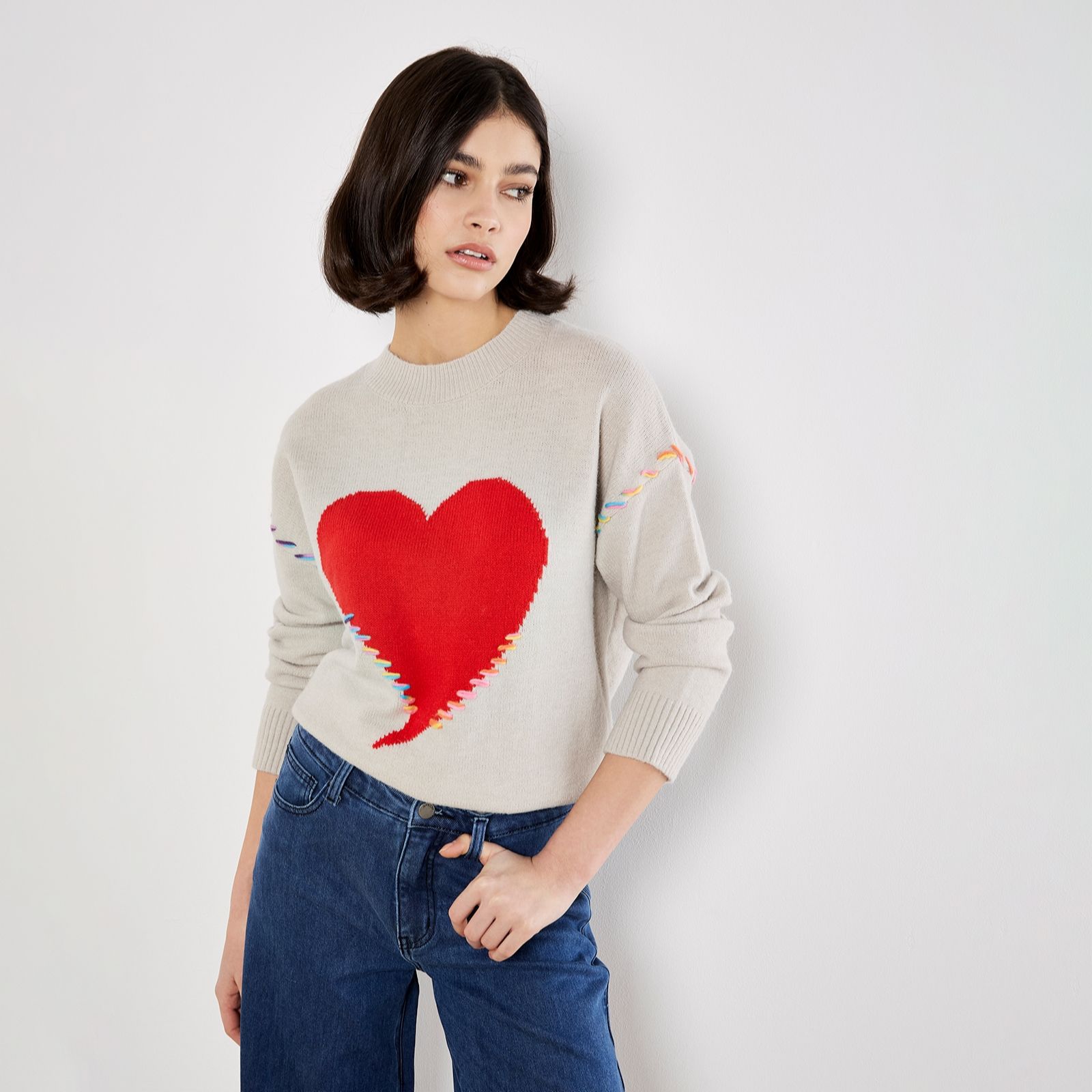 Apricot Big Heart And Neon Whipstitch Jumper