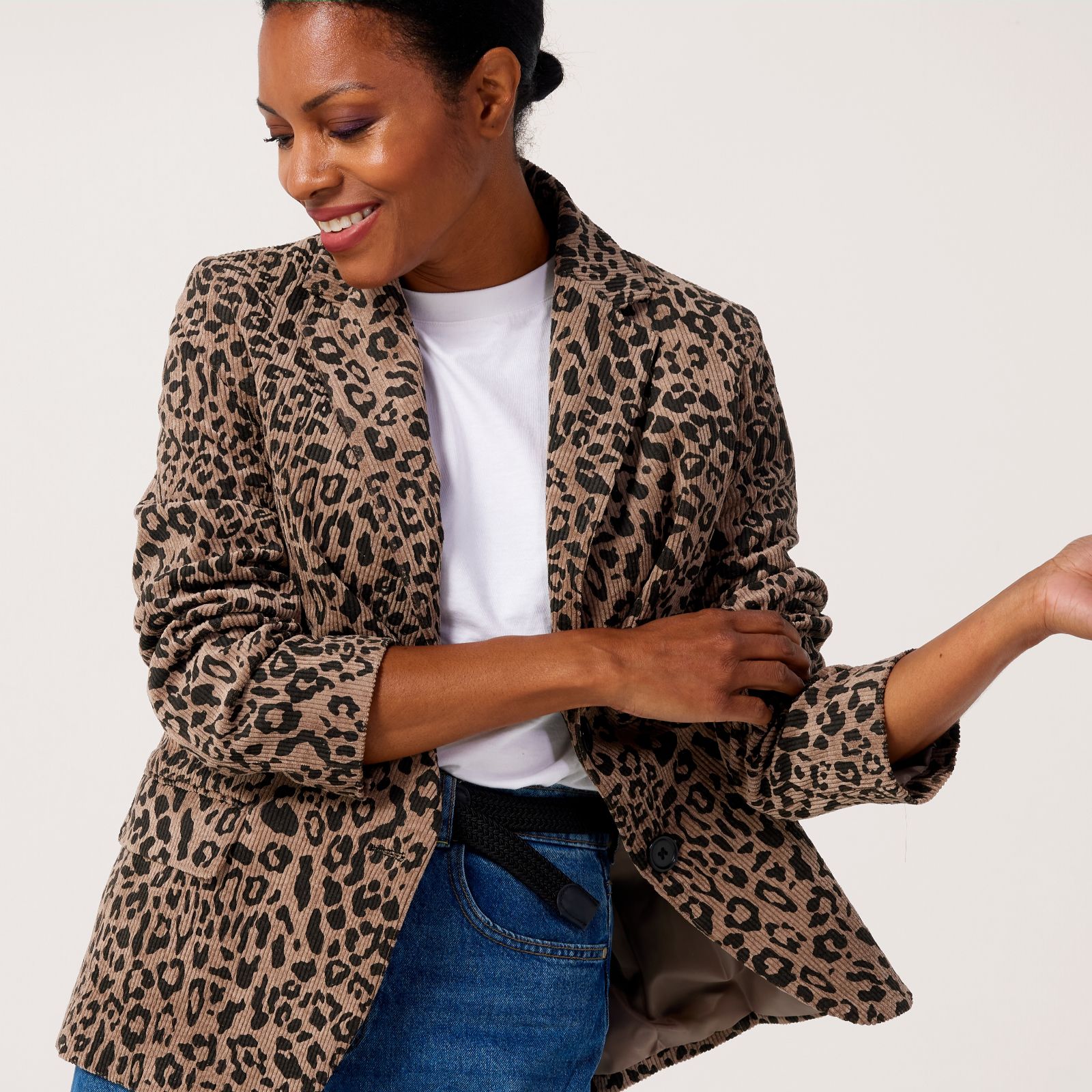 Helene Berman Animal Print Soft Corduroy Relaxed Fit Blazer