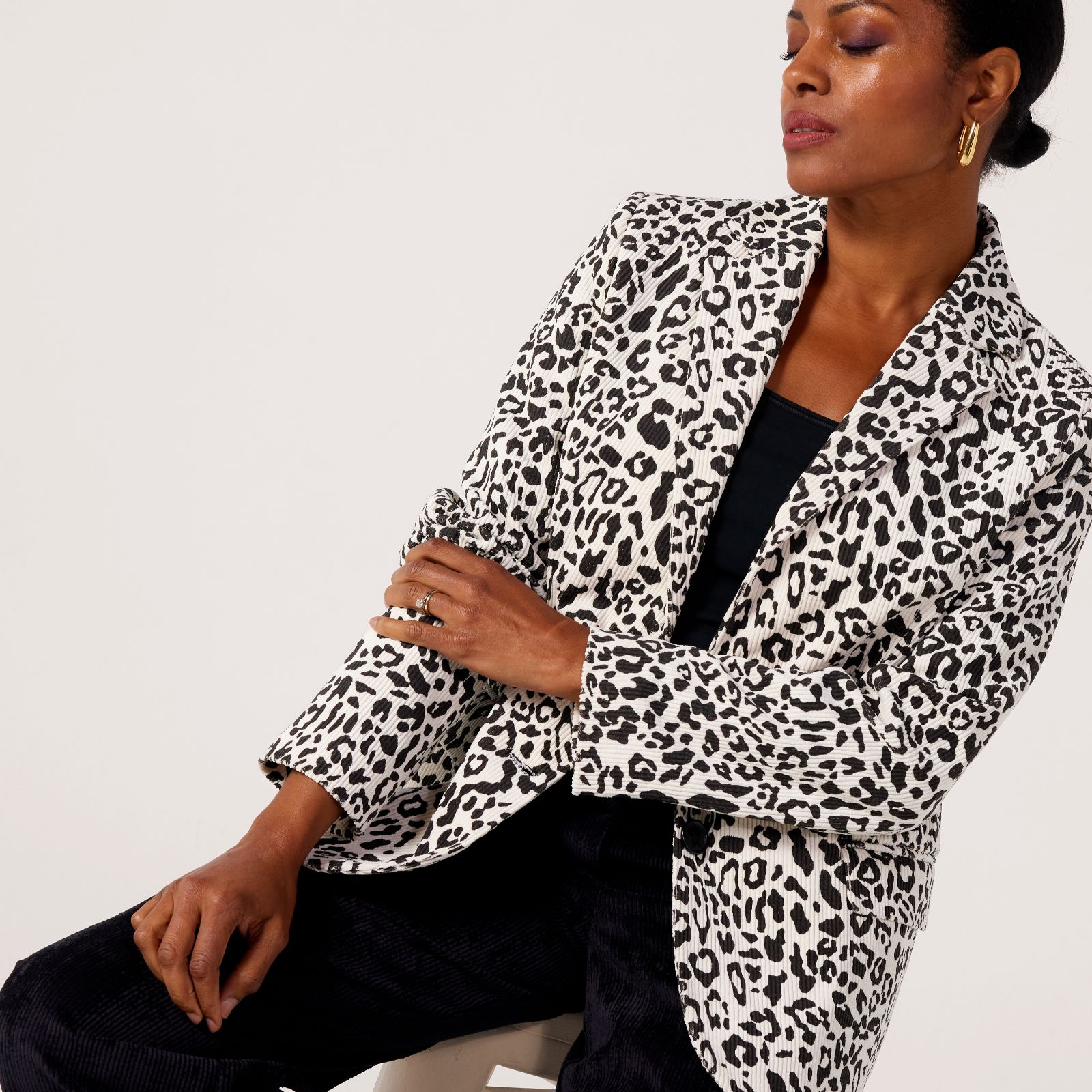 Helene Berman Animal Print Soft Corduroy Relaxed Fit Blazer