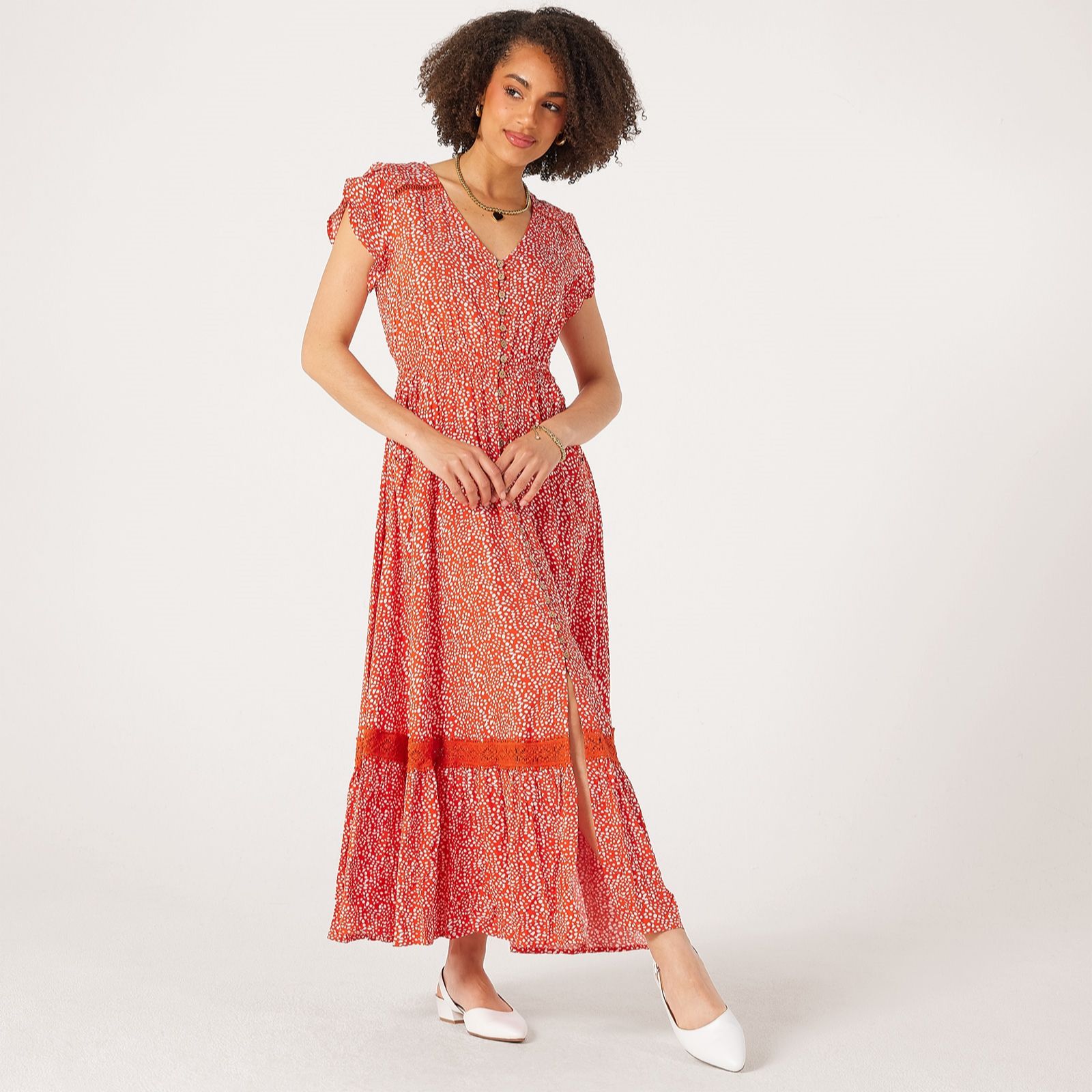 Apricot Mini Dot Crochet Maxi Dress