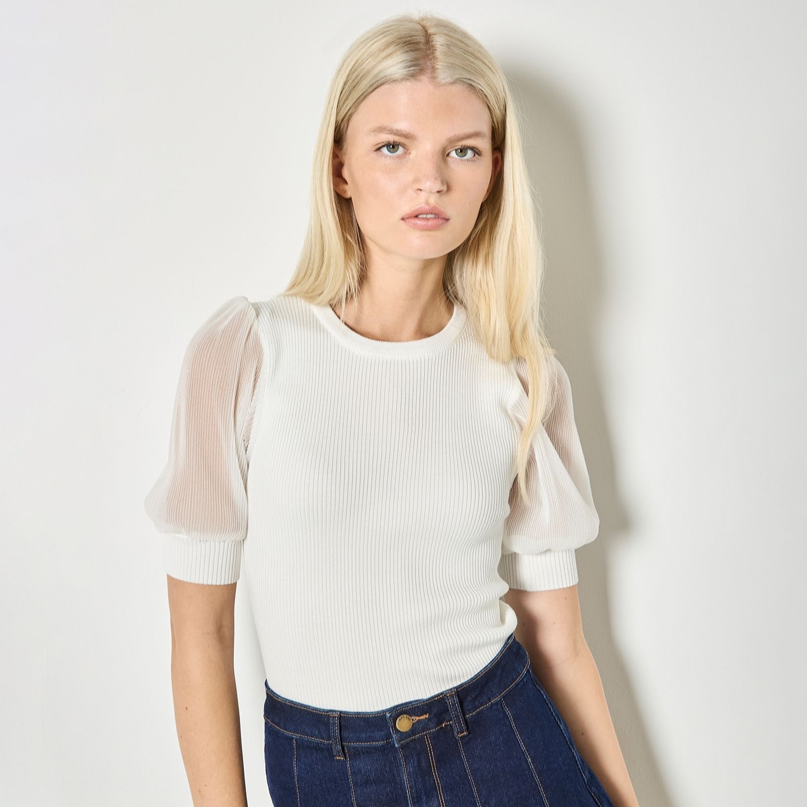 Apricot Plisse Sleeve Rib Knit Top