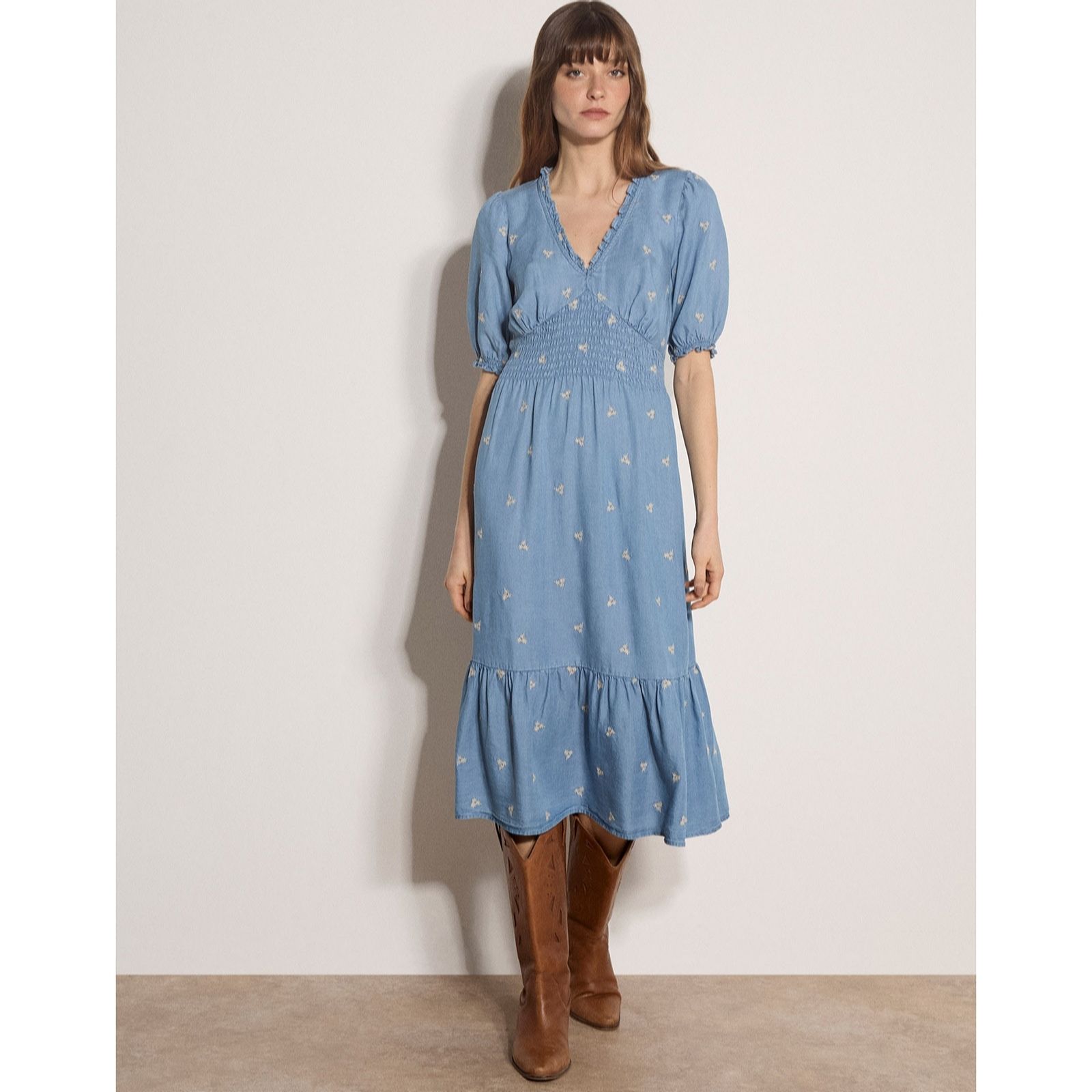 Apricot Embroidered Denim Tea Dress