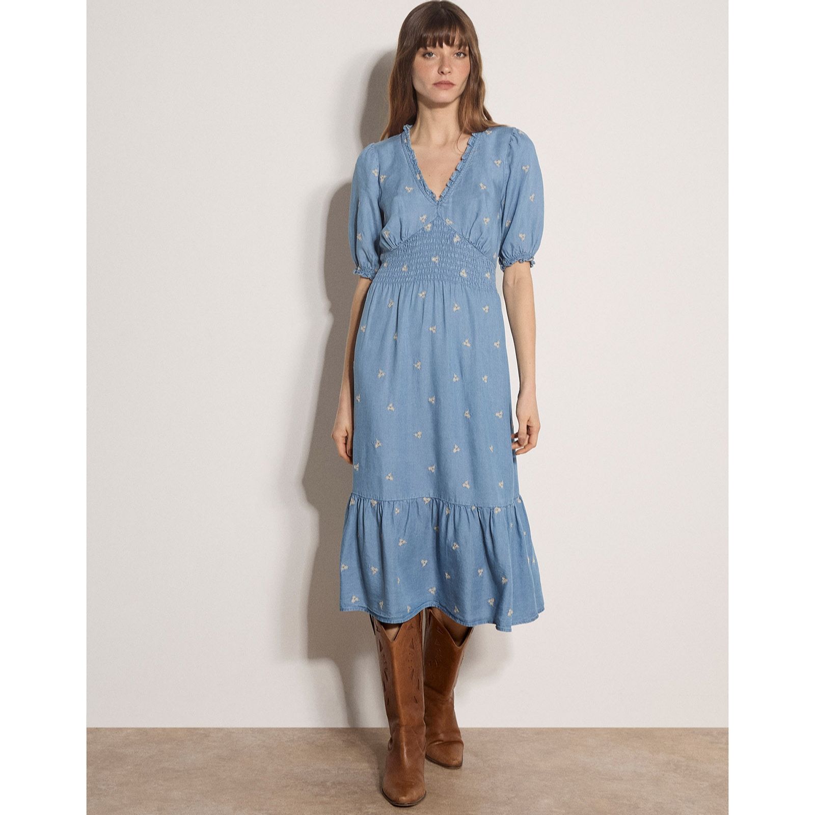 Apricot Embroidered Denim Tea Dress