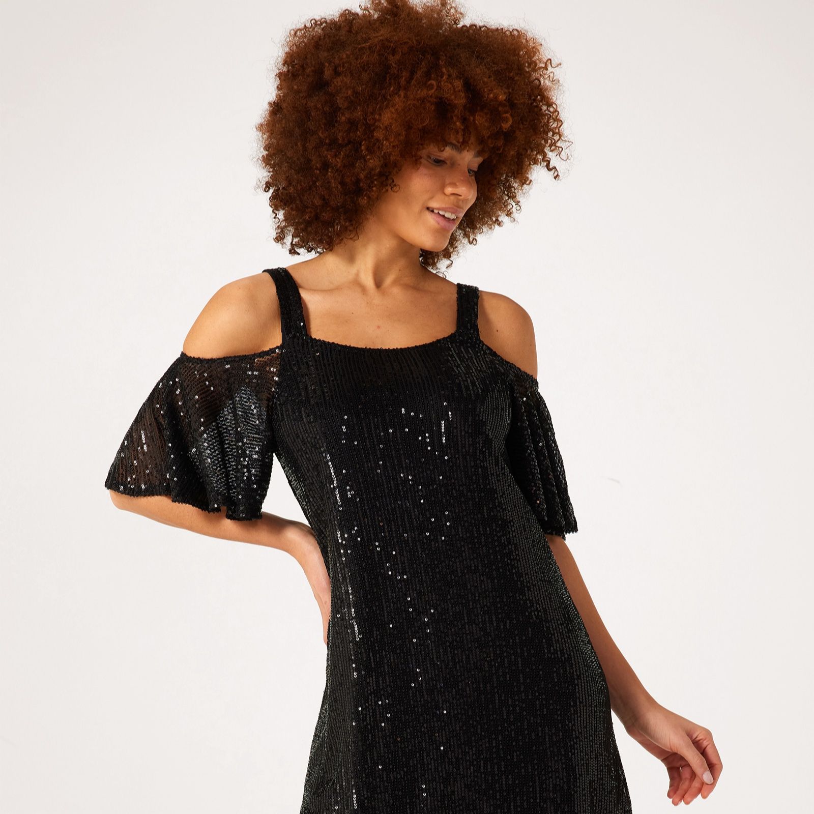 Frank Usher Flutter Sleeve Cold Shoulder Sequin Long Dress QVC UK
