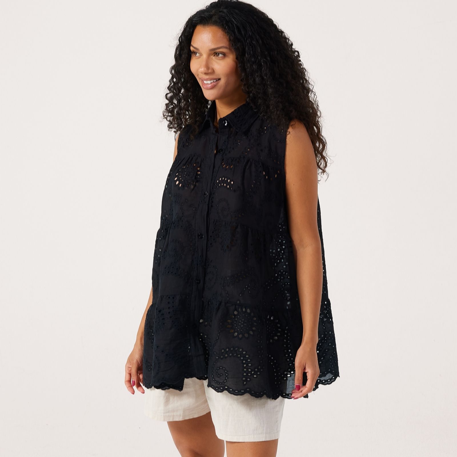 Malissa J Sleeveless Broderie Anglaise Tiered Shirt