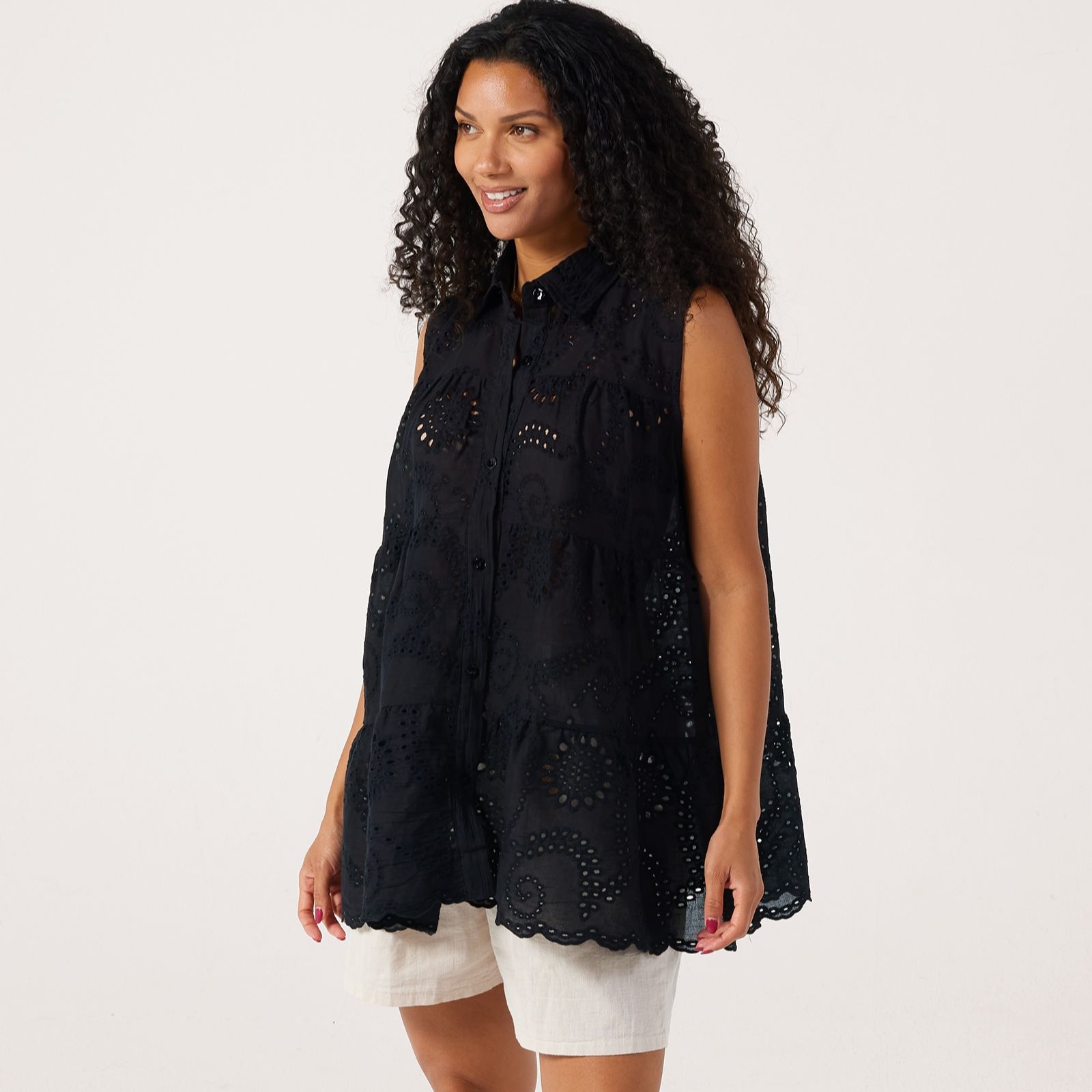Malissa J Sleeveless Broderie Anglaise Tiered Shirt