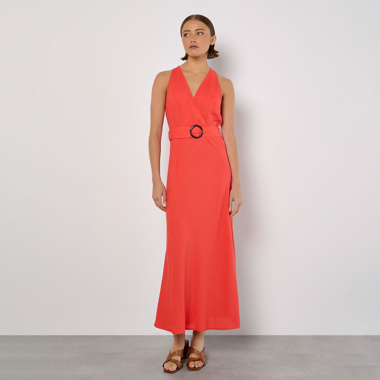 Apricot Faux Wrap Sleeveless Buckle Midaxi Dress