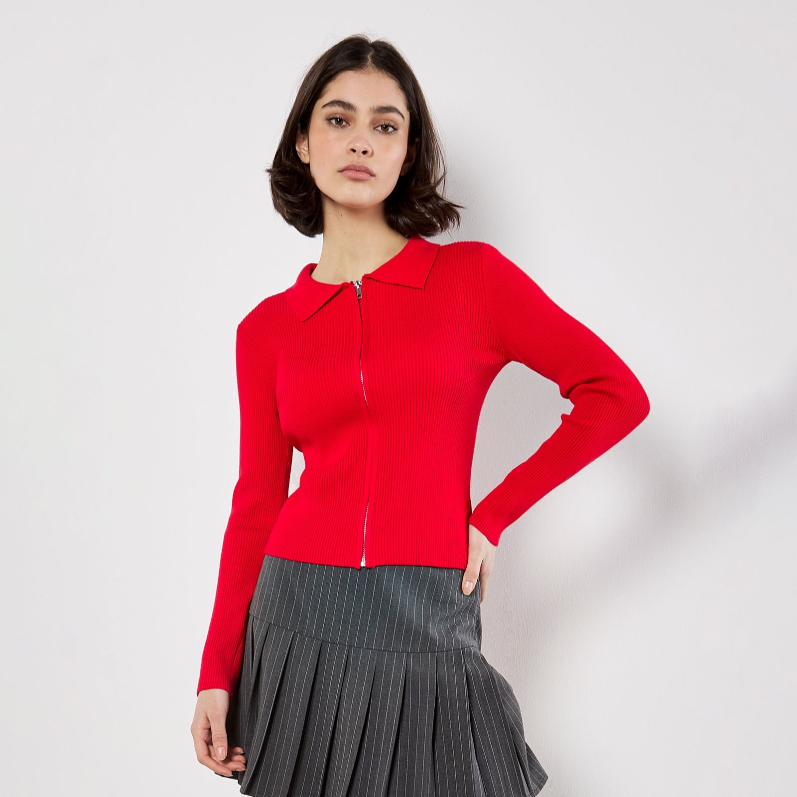 Apricot Zip Thru Ribbed Cardican