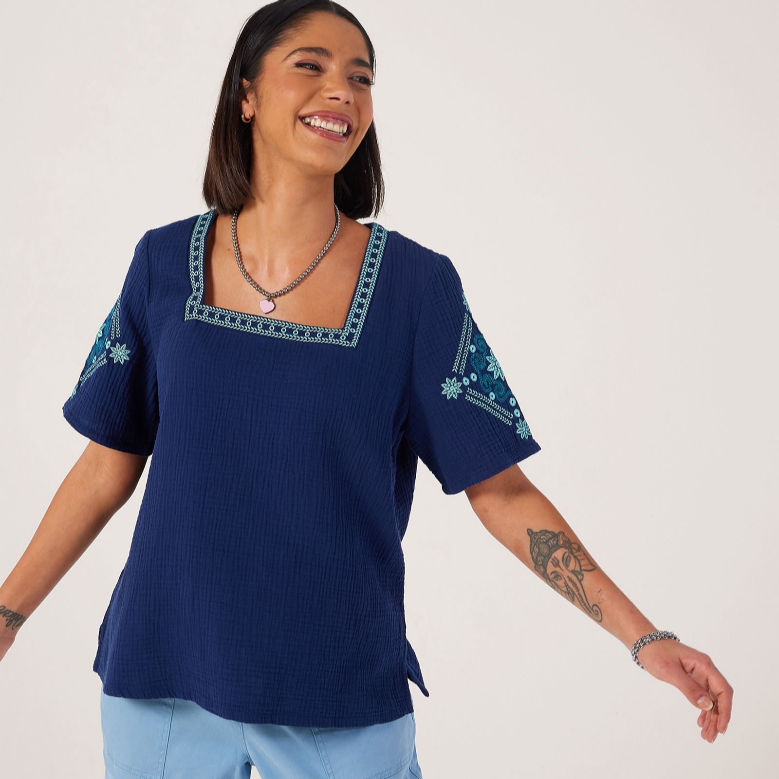 Denim & Co Cotton Pure cotton textured Embroidered top