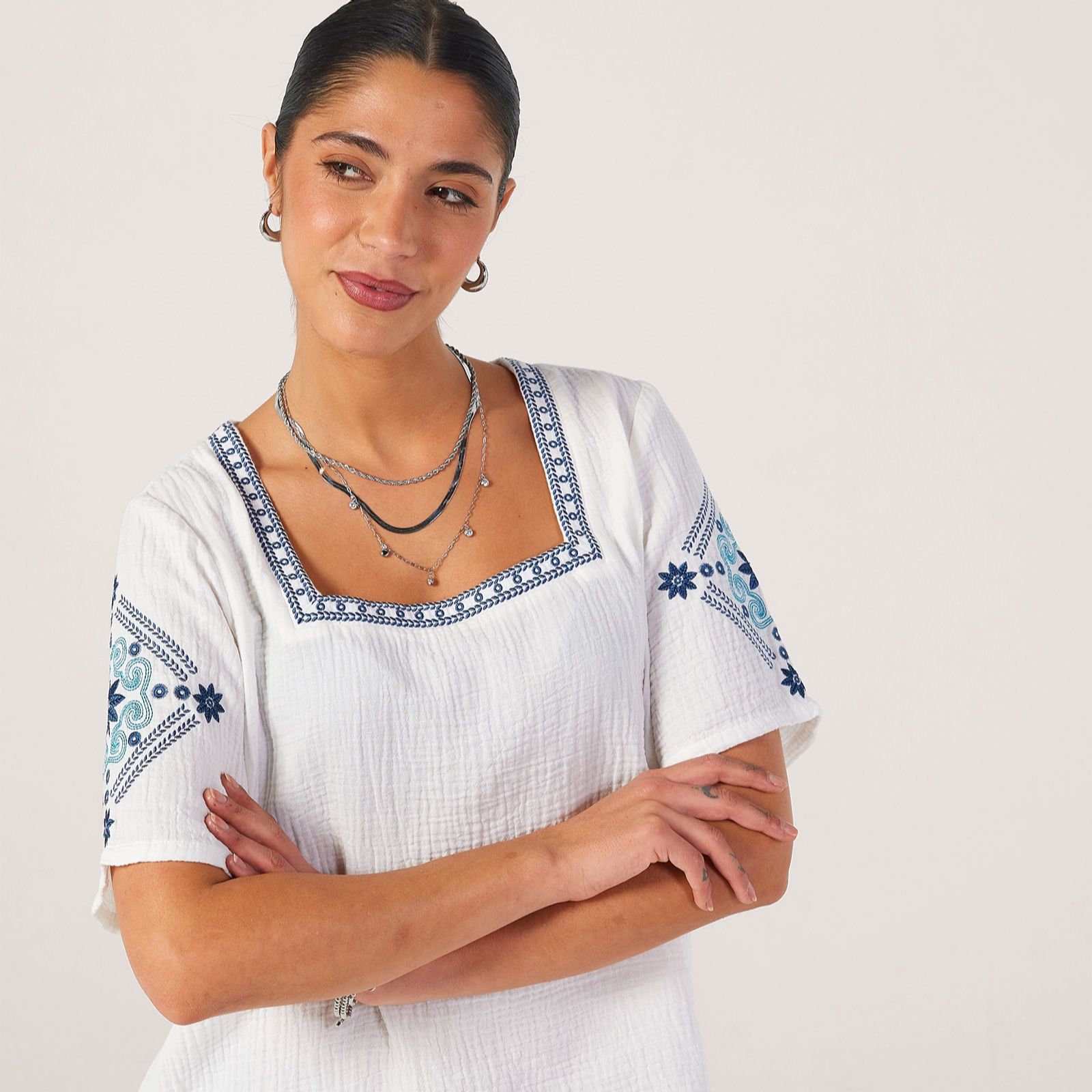 Denim & Co Cotton Pure cotton textured Embroidered top