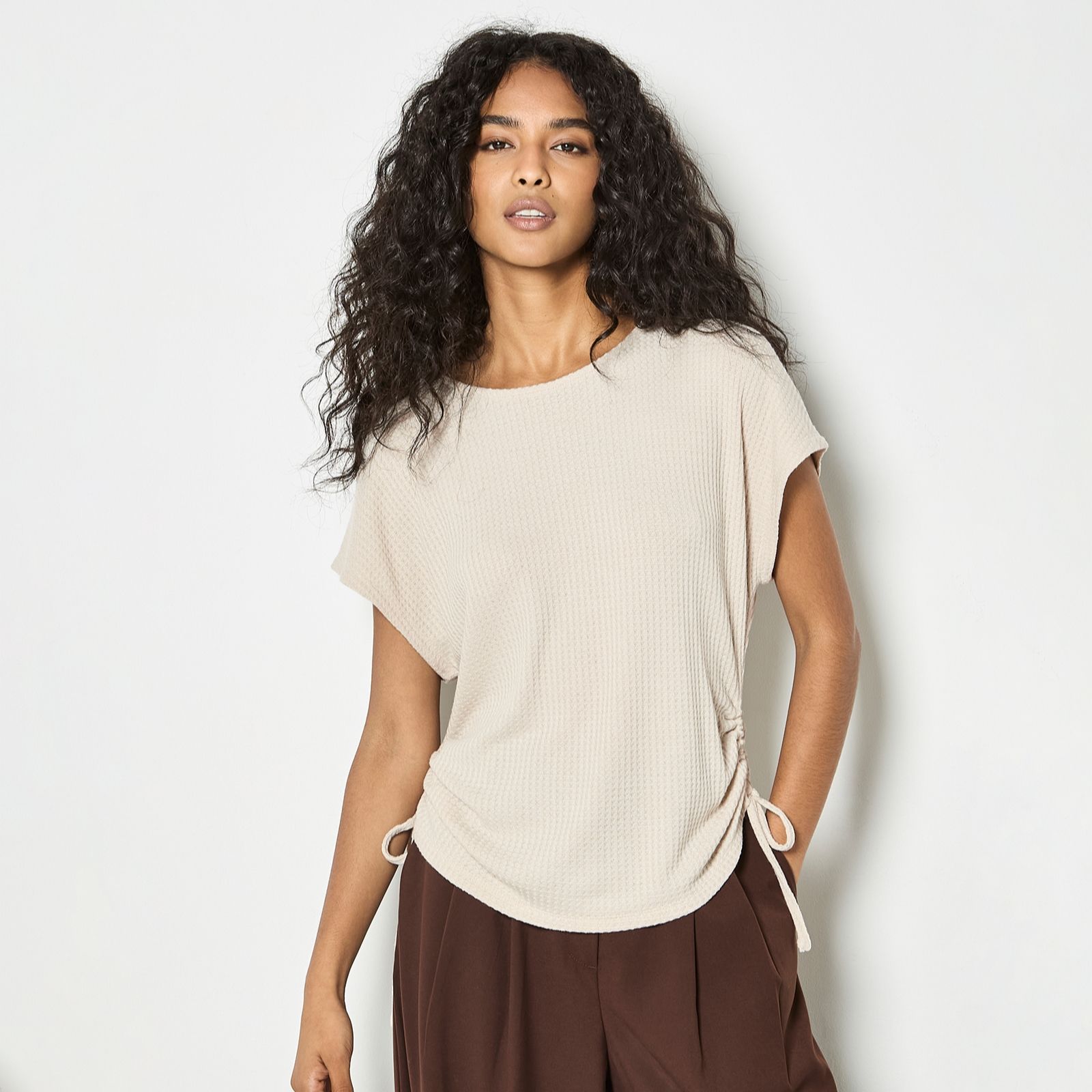 Apricot Waffle Ruched Sides Tee
