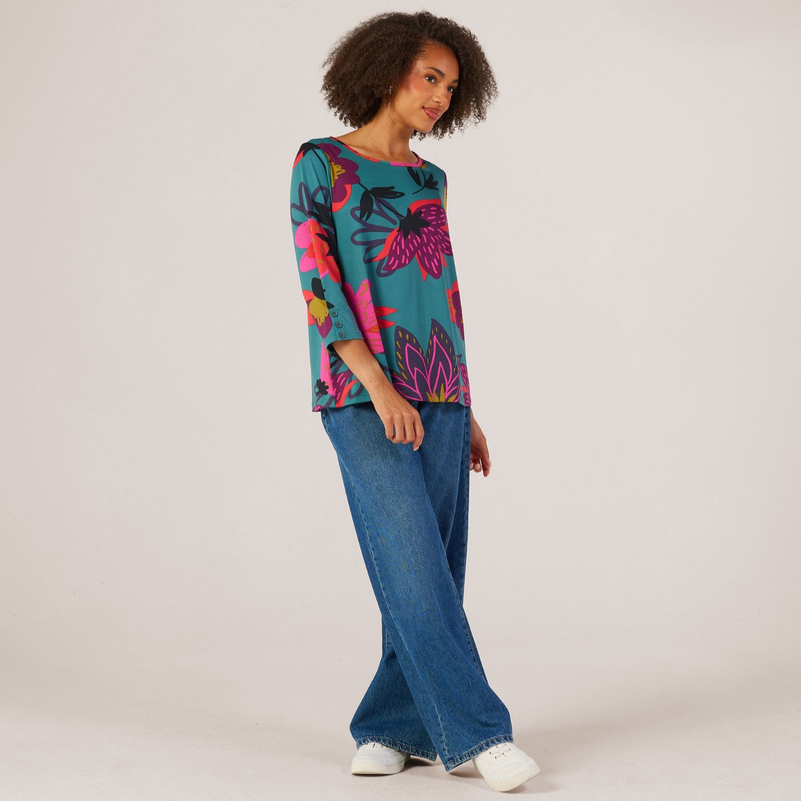 Kim & Co Printed Brazil Jersey 3/4 Sleeve Top with Pleat Detail