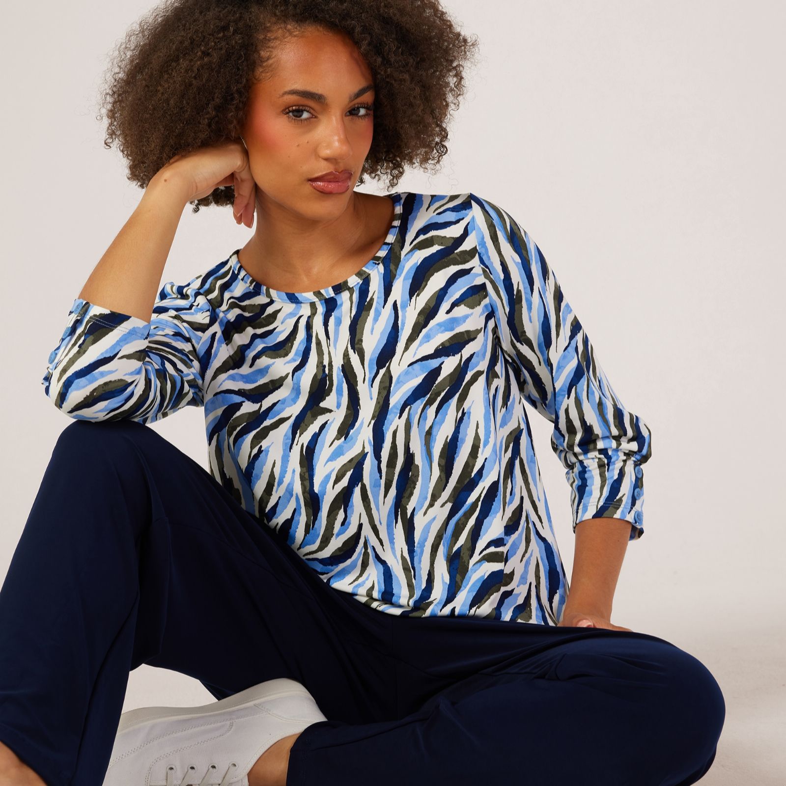 Kim & Co Printed Brazil Jersey 3/4 Sleeve Top with Pleat Detail