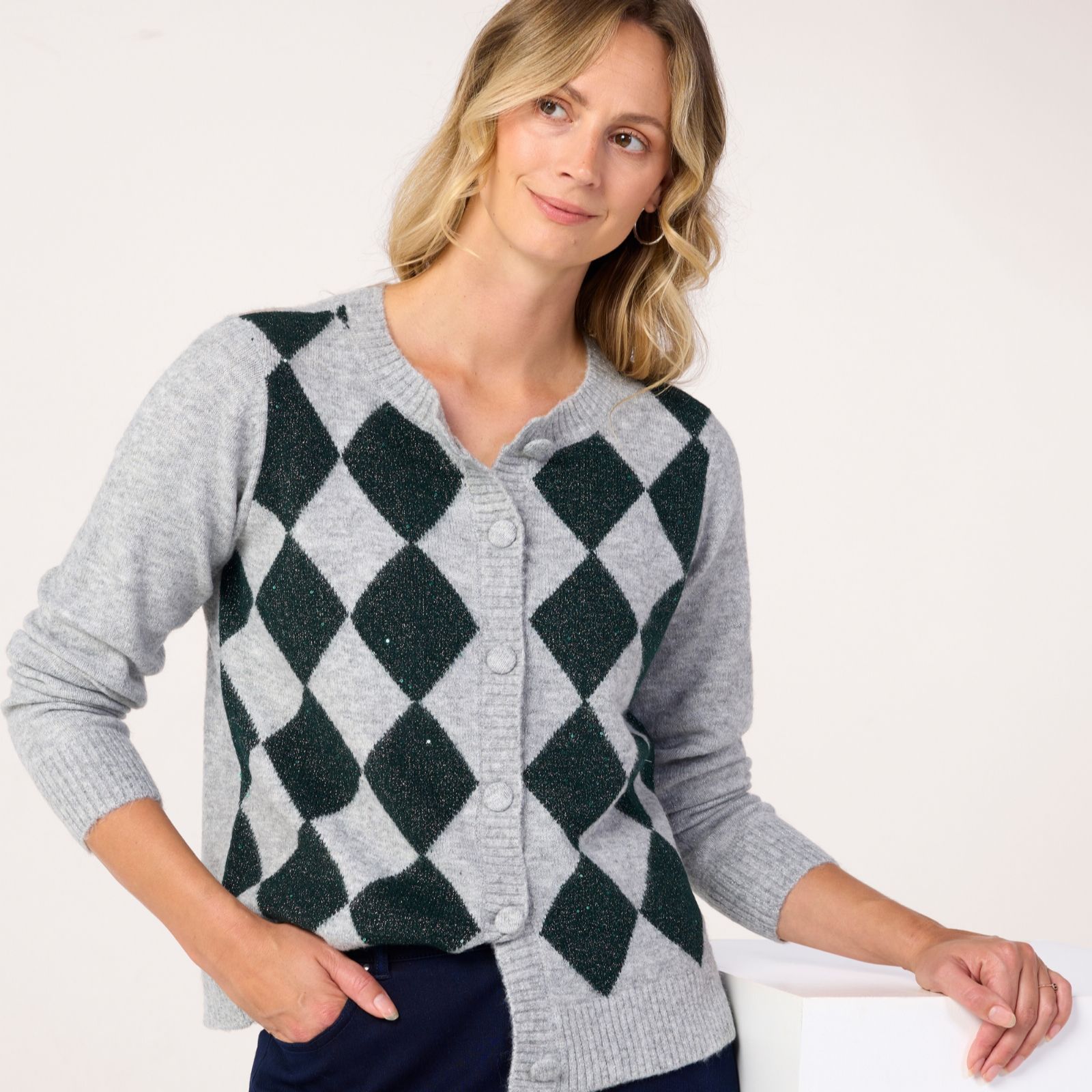Denim & Co. Sparkle Argyle Cardigan