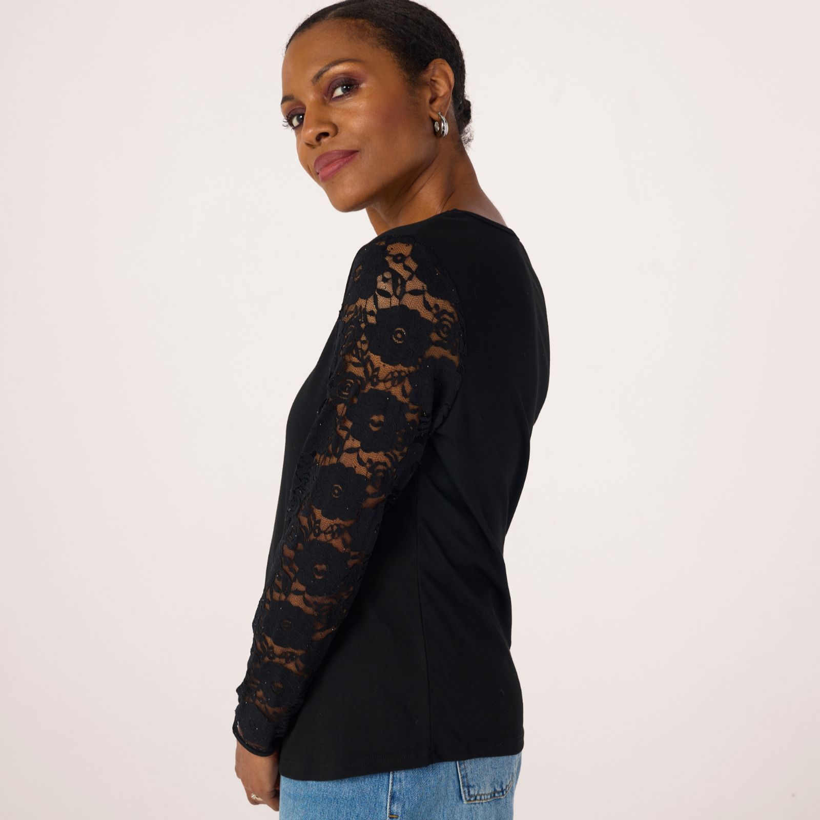 Malissa J Jersey Top with Lace Sleeves