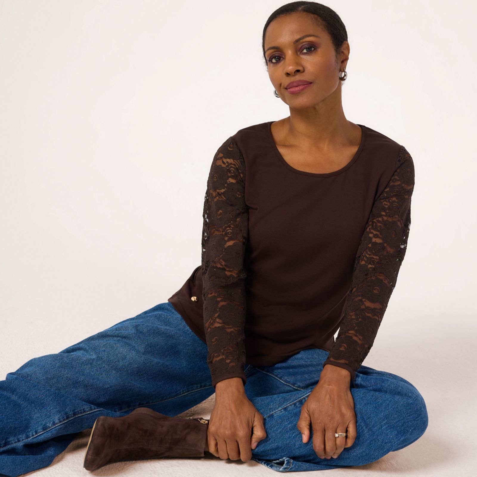 Malissa J Jersey Top with Lace Sleeves