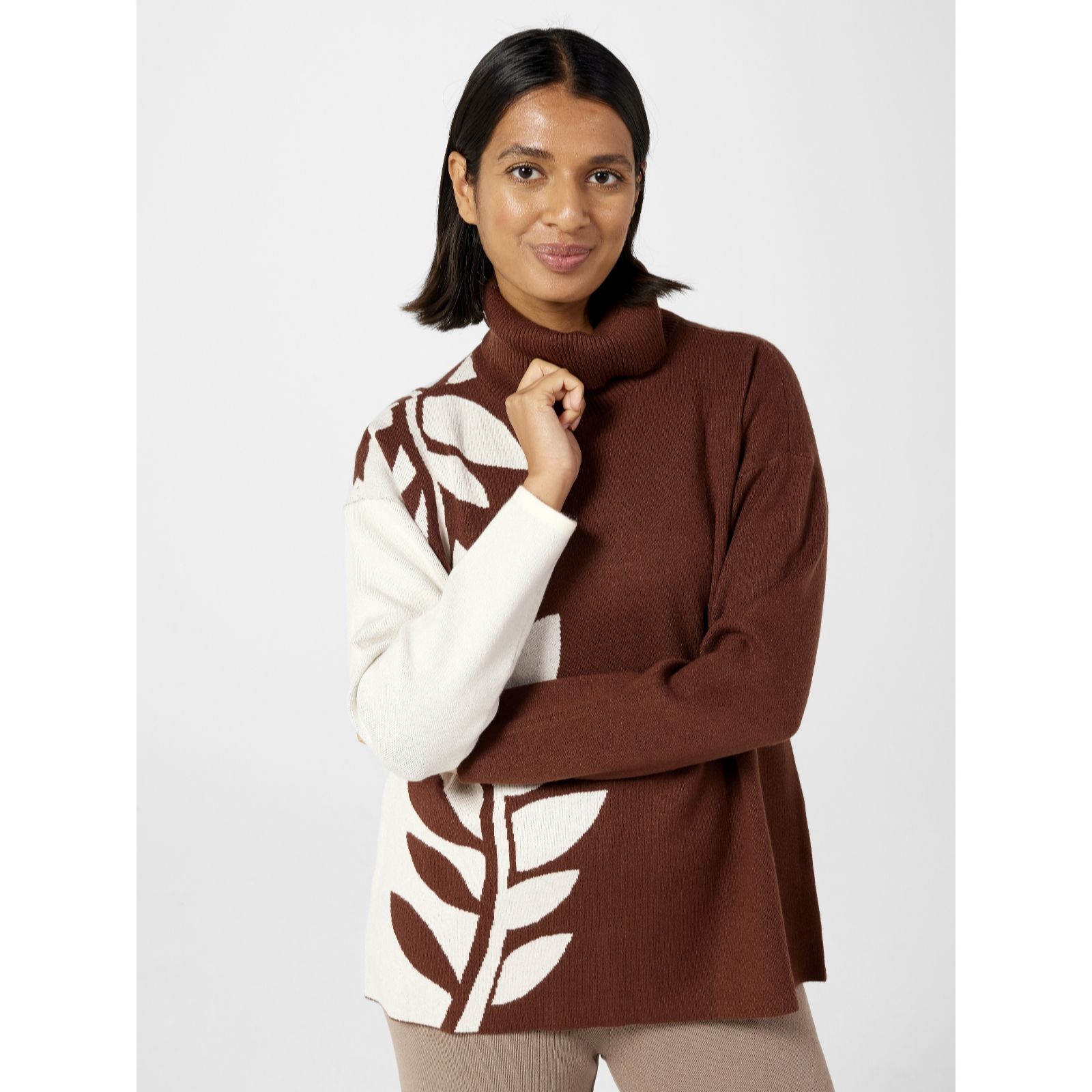 WynneCollection Cotton Intarsia Mixed Stitch Popover Sweater