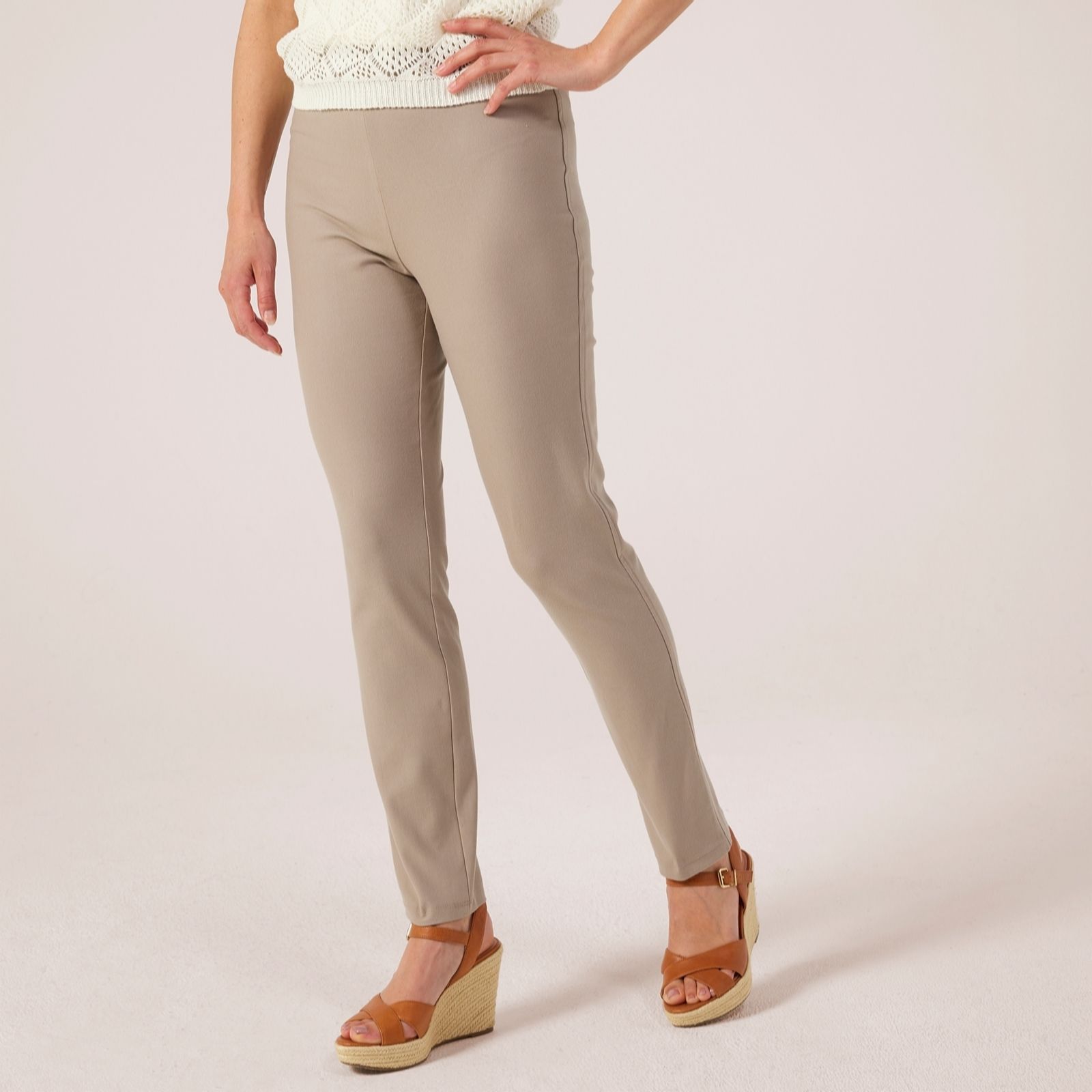 Kim & Co Deluxe Denim Knit Wide Waistband Narrow Leg Petite Trousers