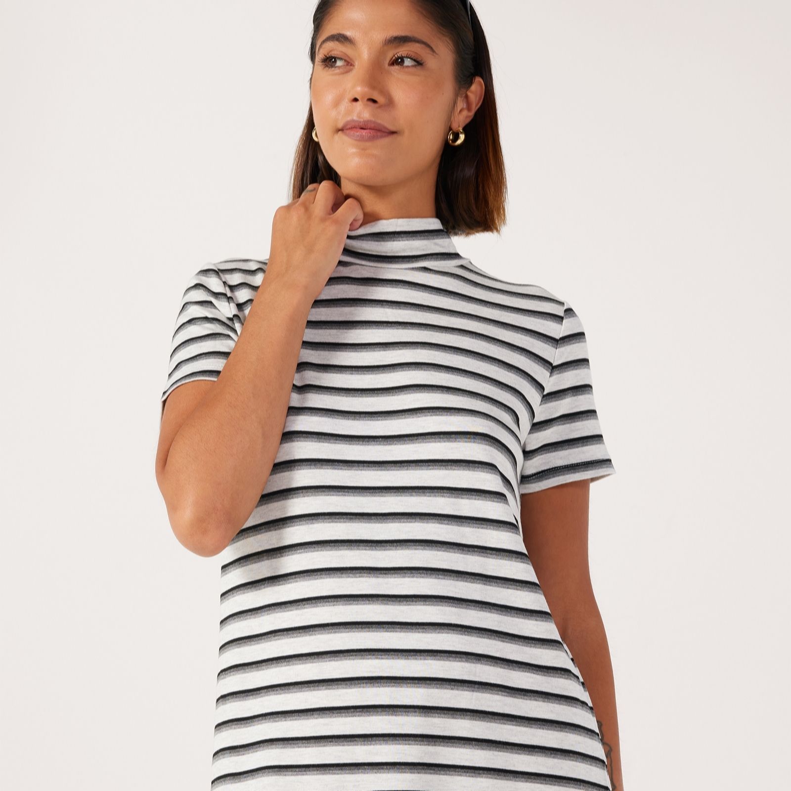 Kim & Co Bamboo Stripe Cap Sleeve Mock Neck Top