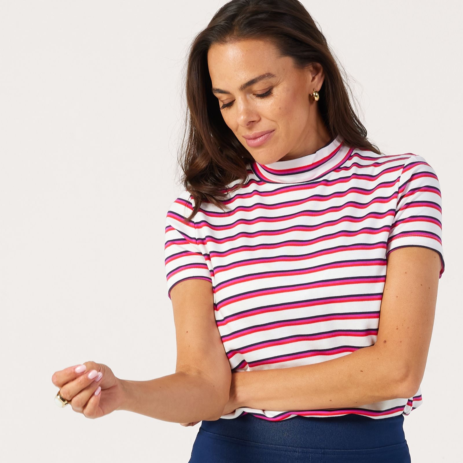 Kim & Co Bamboo Stripe Cap Sleeve Mock Neck Top