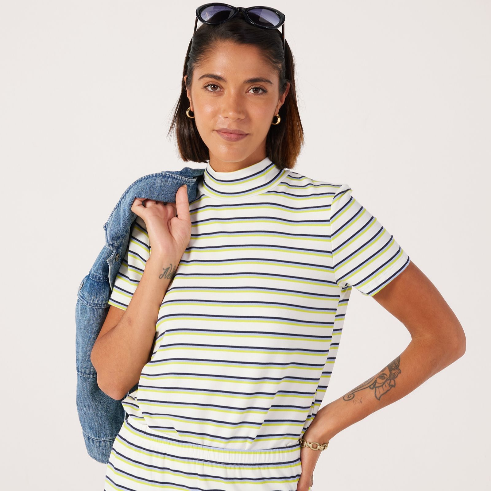 Kim & Co Bamboo Stripe Cap Sleeve Mock Neck Top