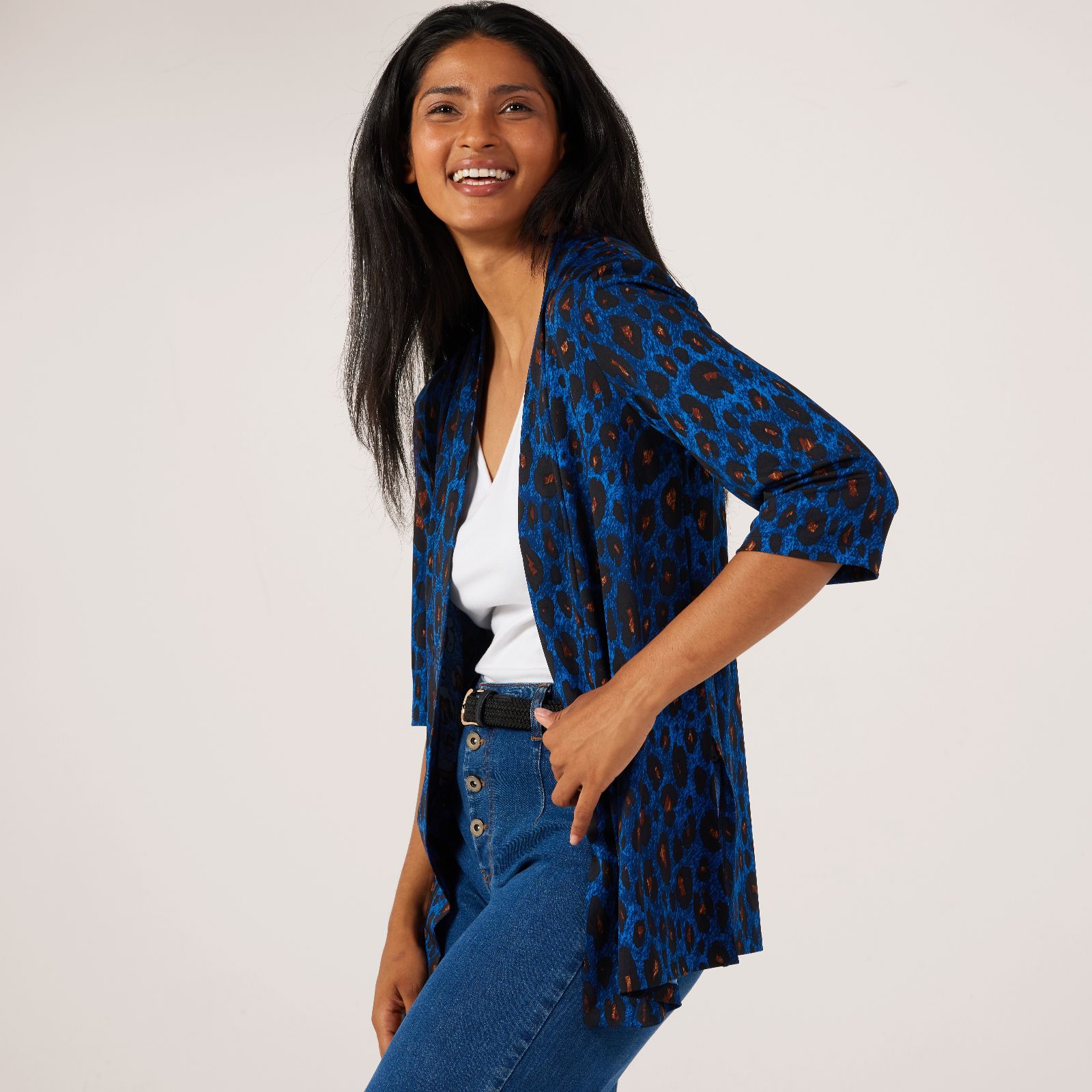 Kim & Co Printed Brazil Jersey 3/4 Sleeve Edge To Edge Cardigan