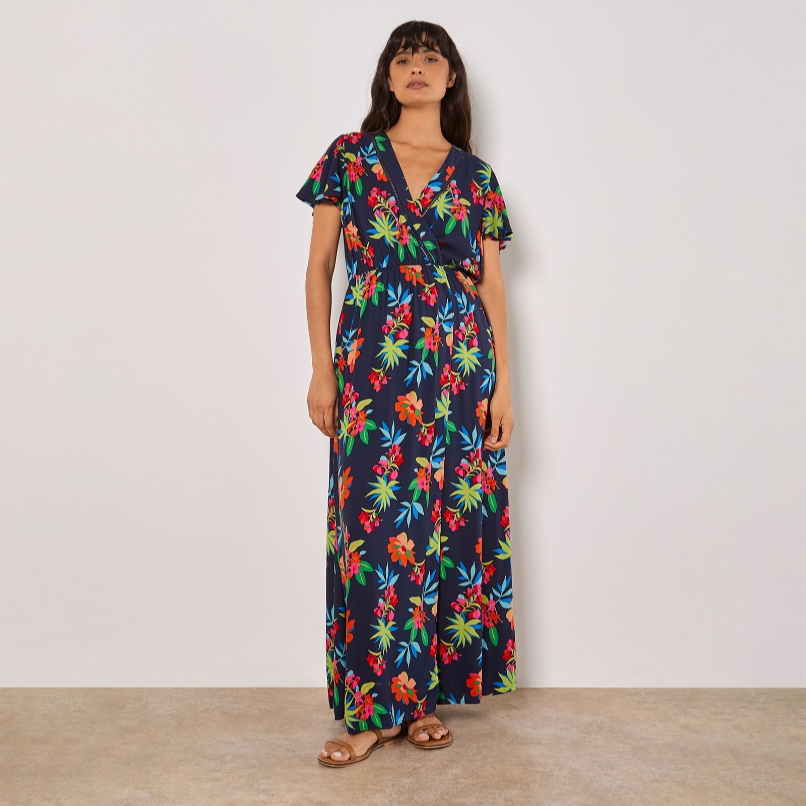 Apricot Graphic Tropical Wrap Maxi Dress