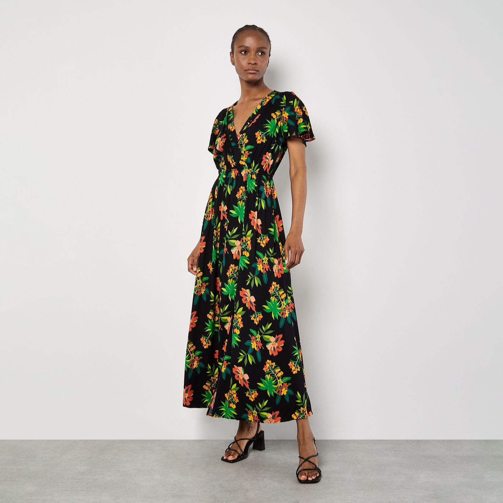 Apricot Graphic Tropical Wrap Maxi Dress