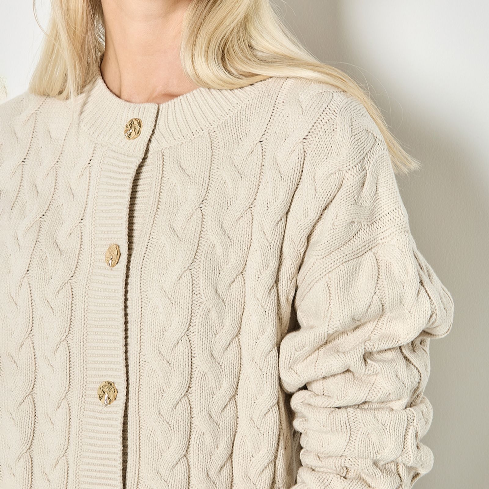 Apricot Metal Button Cable Knit Cardigan