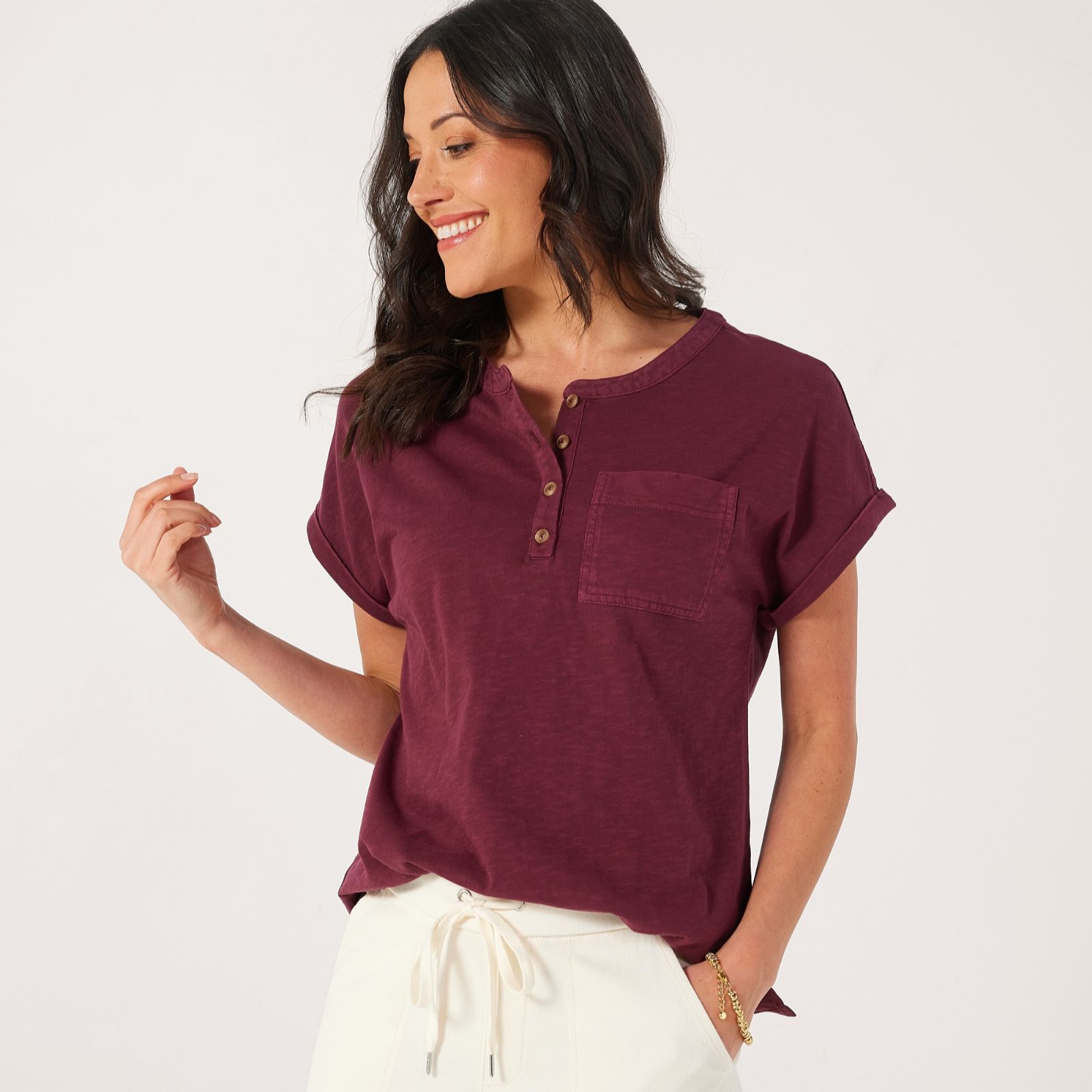 Denim & Co. Garment Dyed Button Top