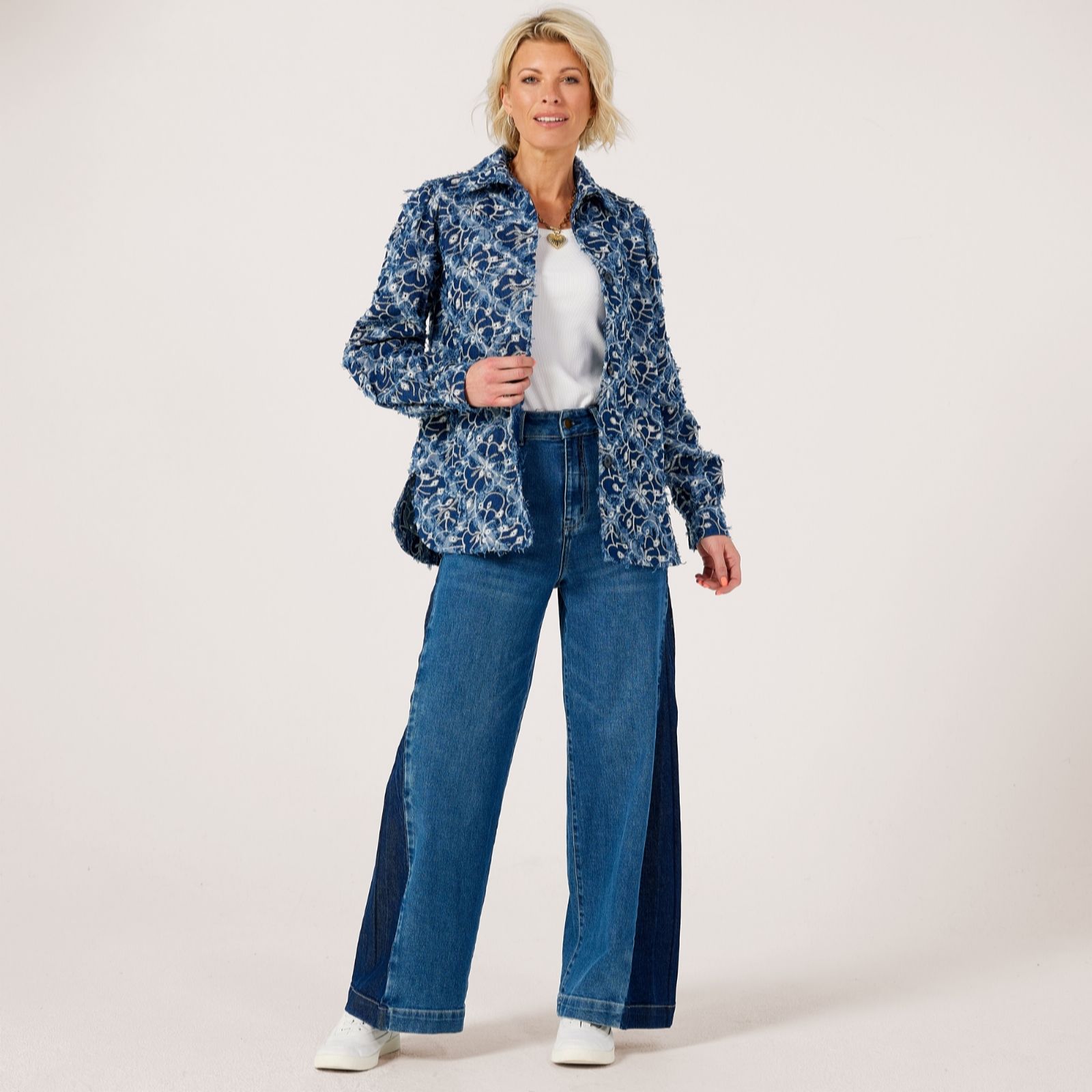 Helene Berman Floral Embroidered Button Up Denim Jacket