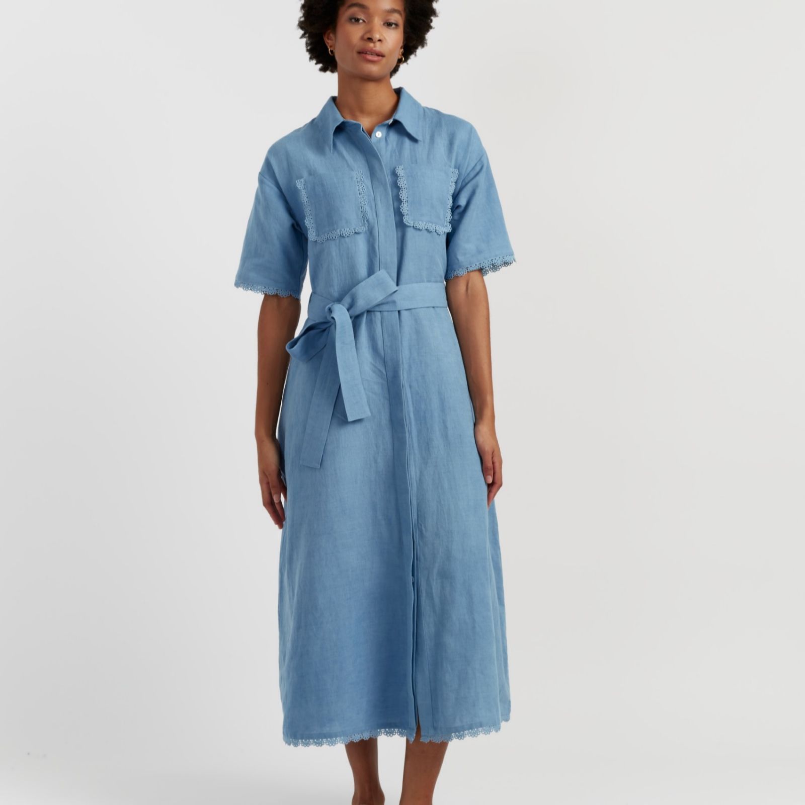 Chinti & Parker Linen Cotton Blend Shirt Dress with Lace Trim
