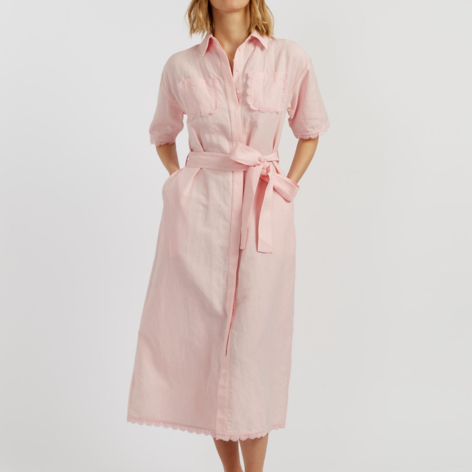 Chinti & Parker Linen Cotton Blend Shirt Dress with Lace Trim