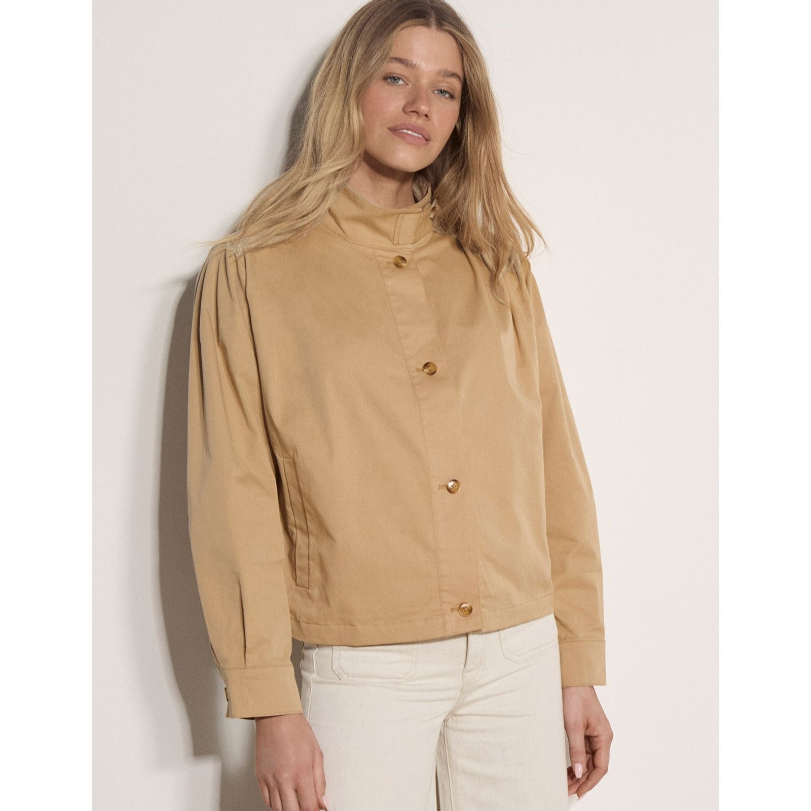 Apricot Pleat Shoulder High Neck Jacket