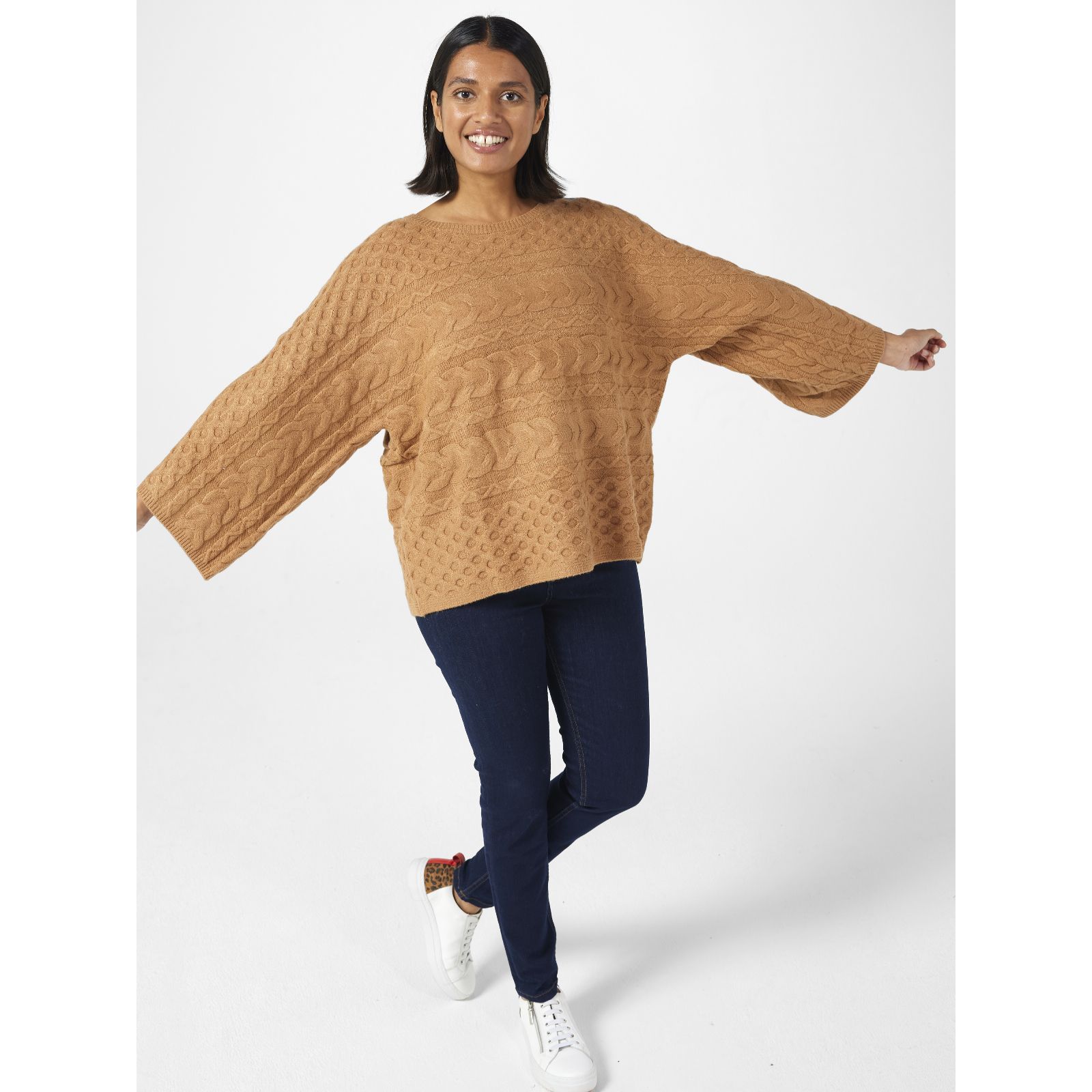 WynneCollection Cotton Intarsia Mixed Stitch Popover Sweater