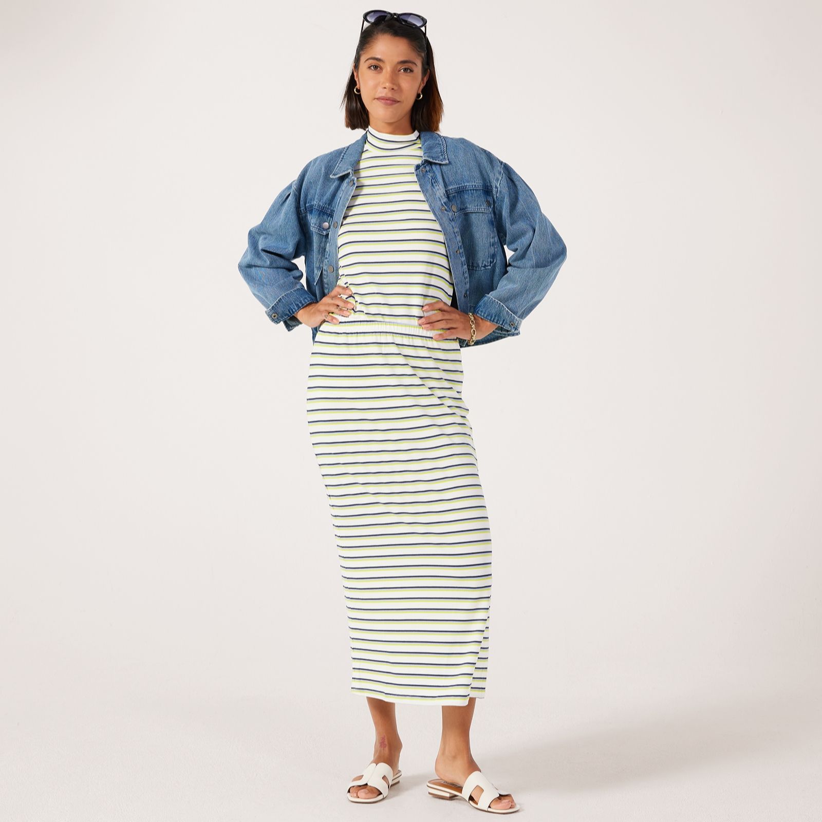 Kim & Co Bamboo Stripe Long Skirt With Side Slit