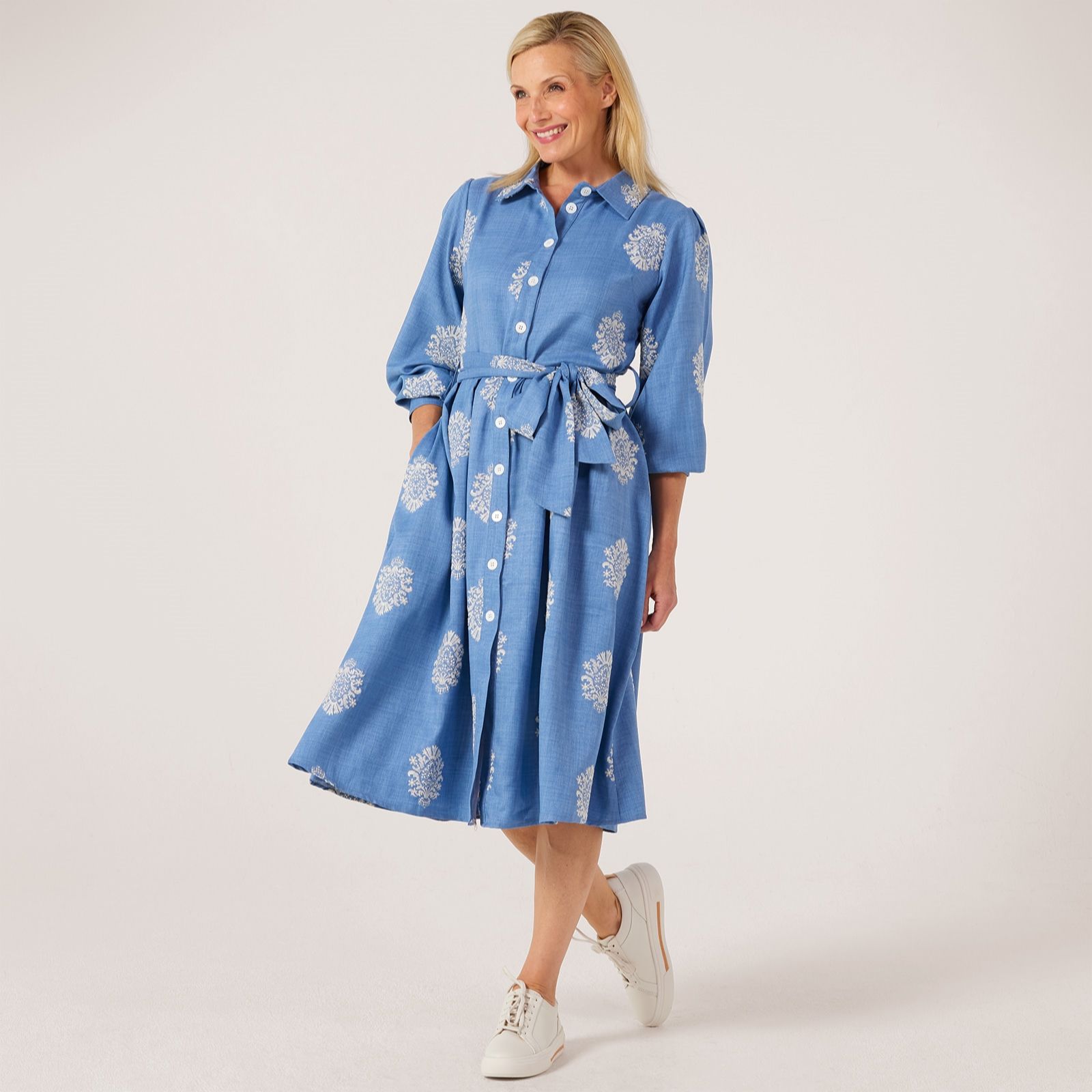 Helene Berman Embroided Deatailed Denim Midi Shirt Dress