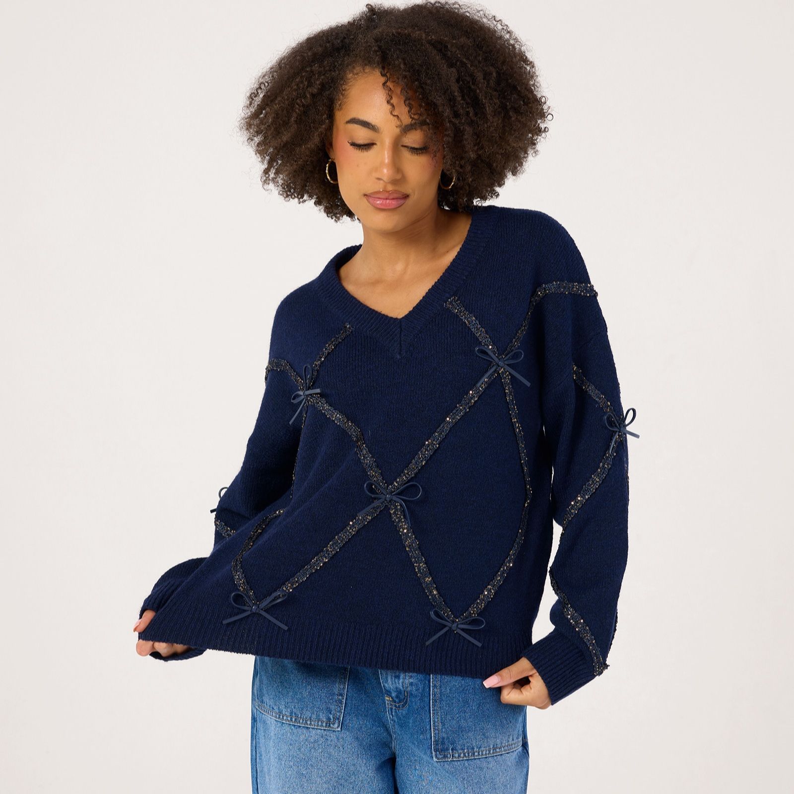 Malissa J Knitted V Neck Jumper Sequin Detail