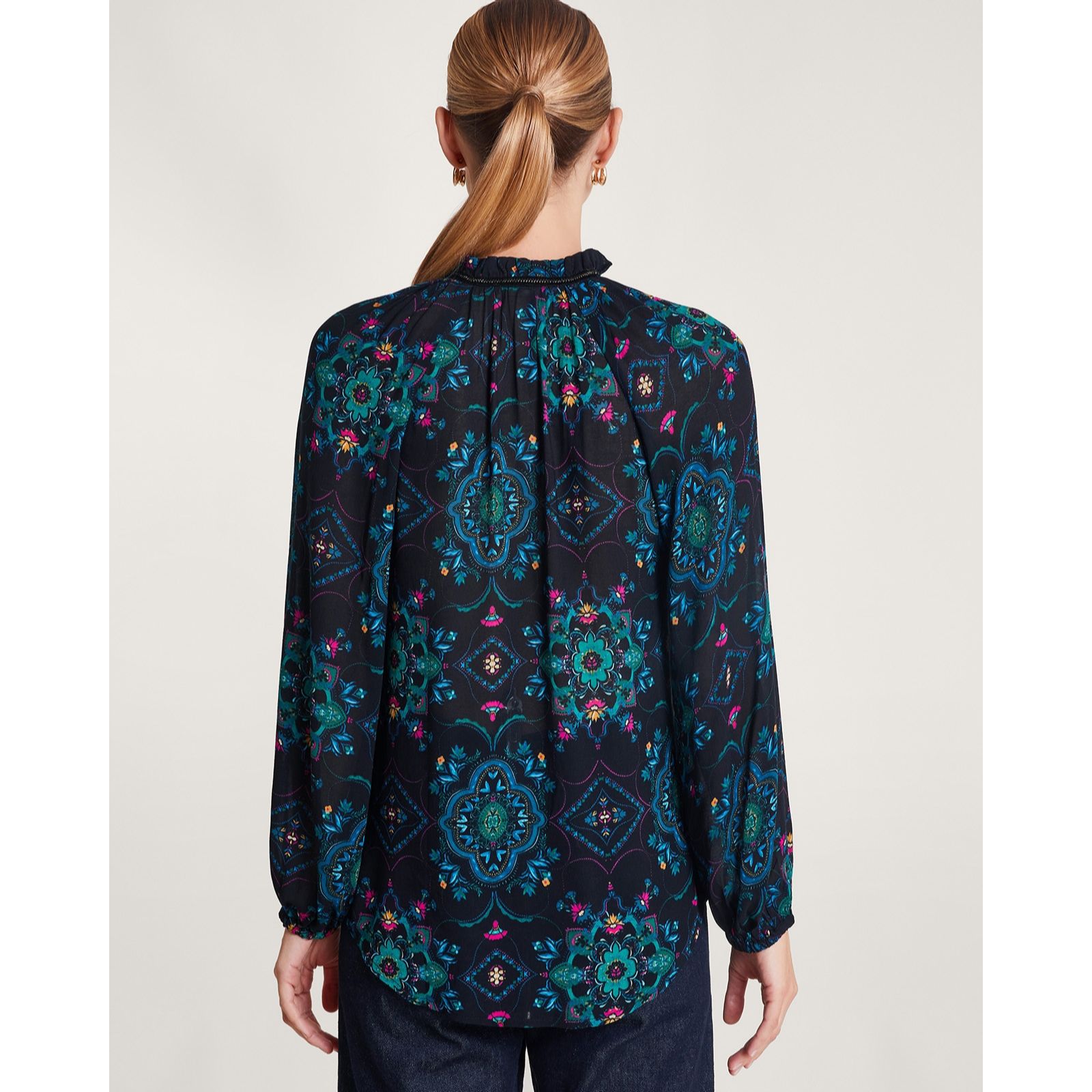 Monsoon Tammy Tile Print Longline Fril Neck Blouse - QVC UK