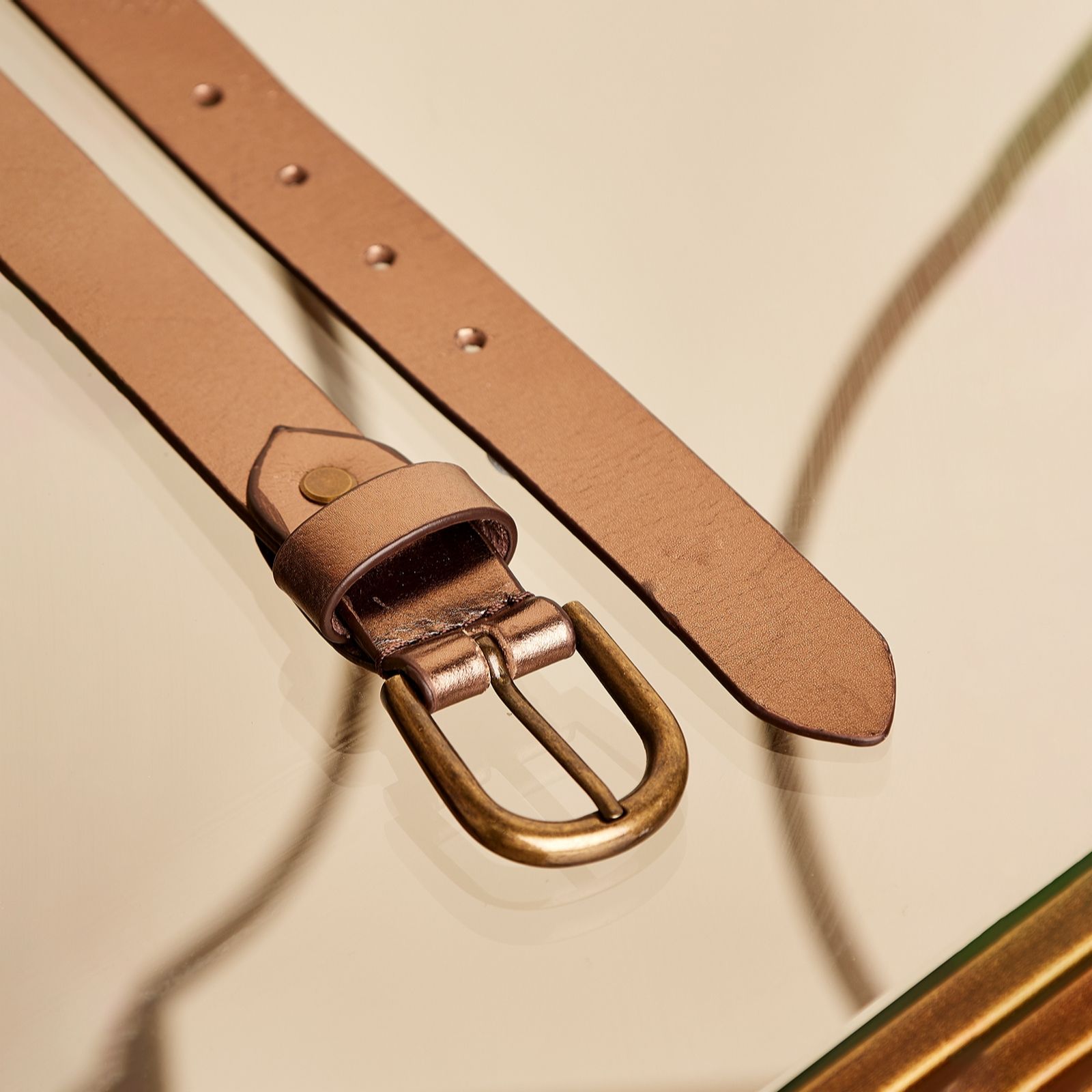 Apricot Metallic Thin Leather Buckle Belt - QVC UK