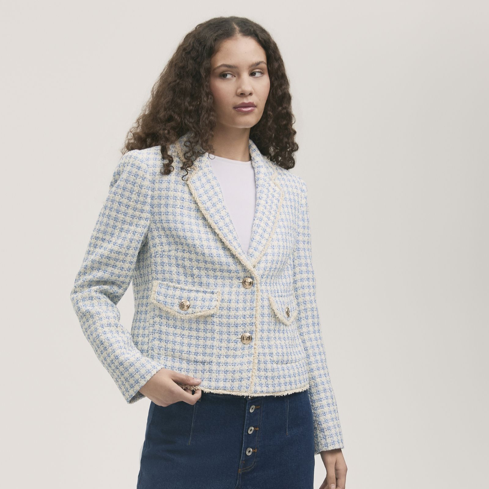 Finery London Rochelle Blue & Cream Houndstooth Jacket