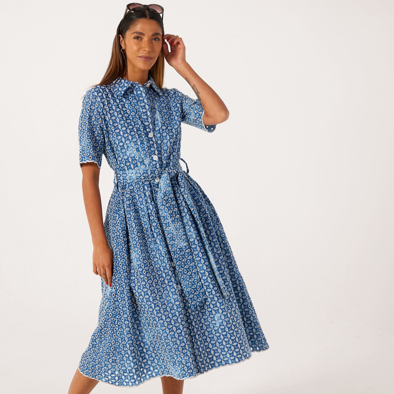 Helene Berman Short Sleeve Denim Embroidery Shirt Dress