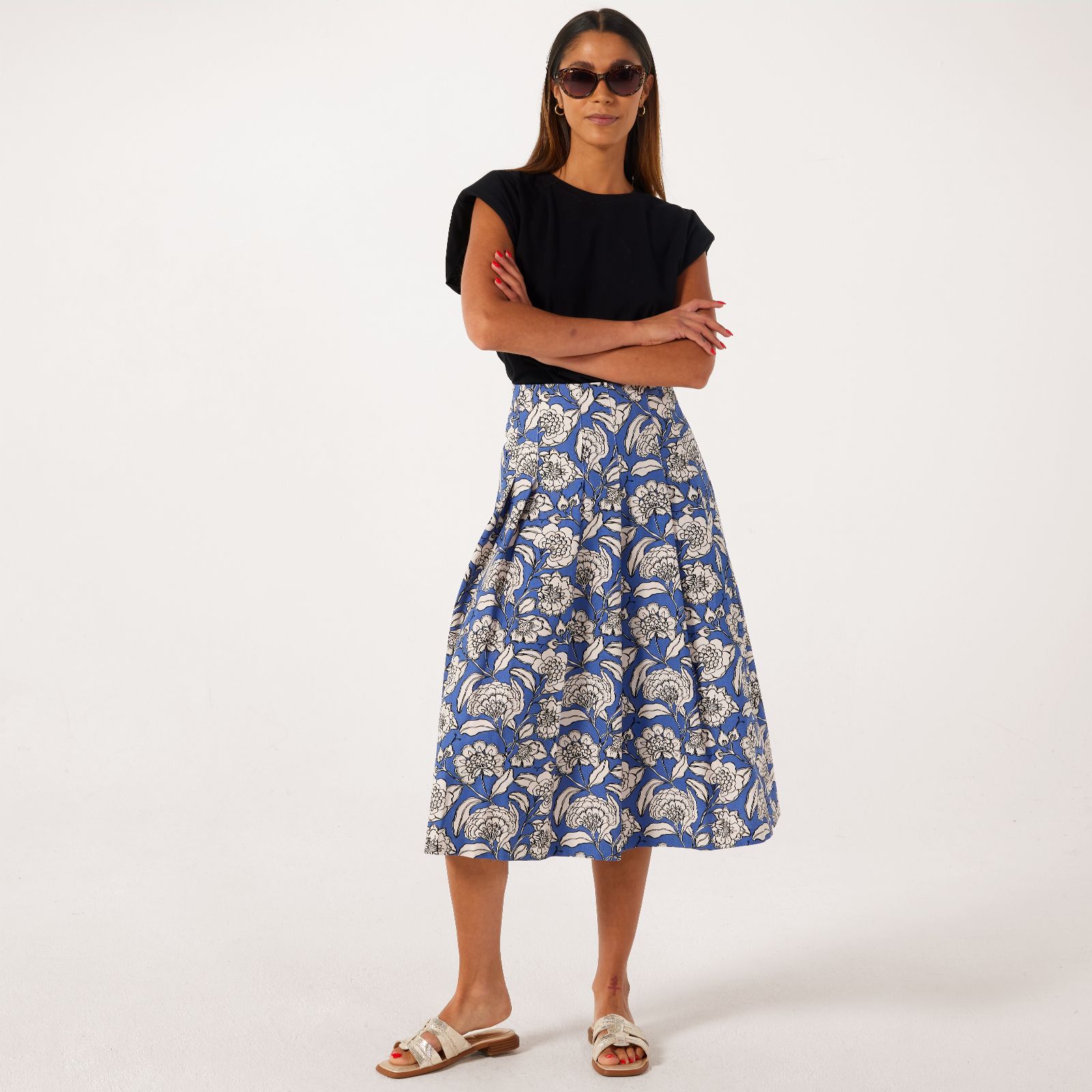 Helene Berman Floral Print Pleated Cotton Canvas Flower Skirt