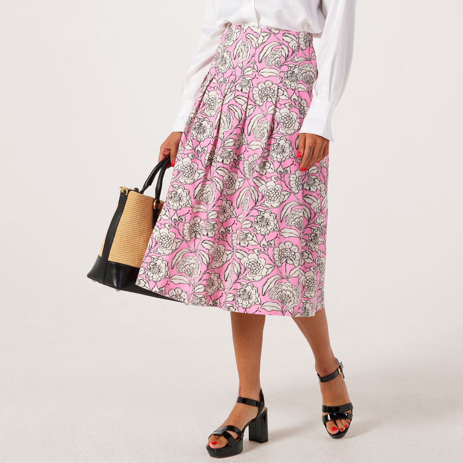 Helene Berman Floral Print Pleated Cotton Canvas Flower Skirt