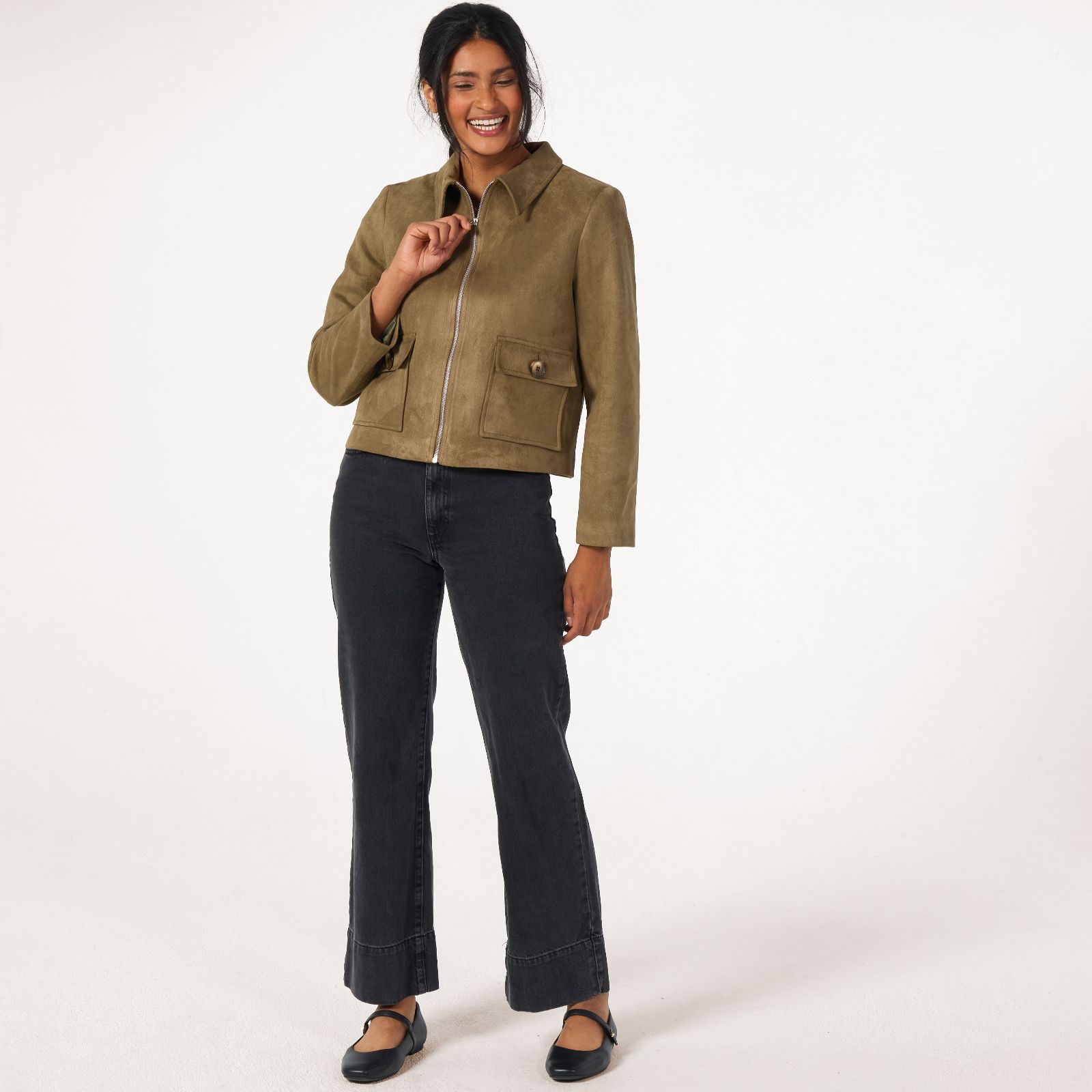 Helene Berman Faux Suede Zip Jacket with Collar