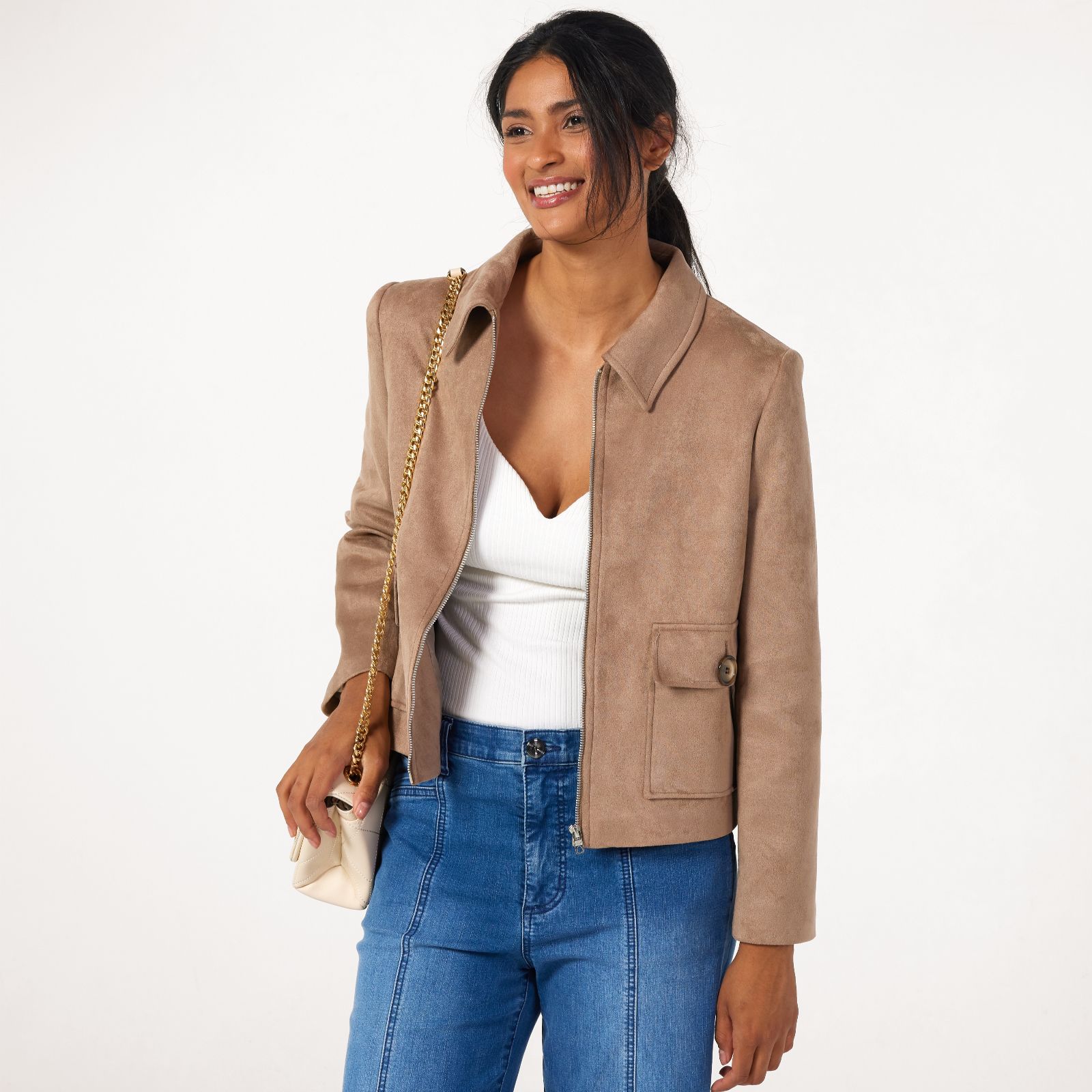 Helene Berman Faux Suede Zip Jacket with Collar