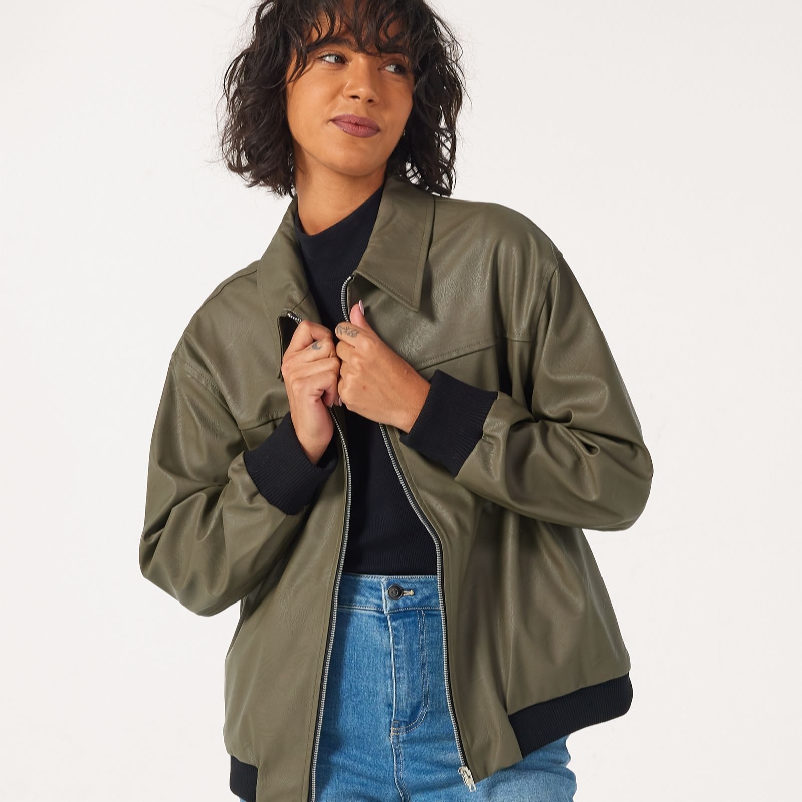 Helene Berman Faux Leather Relaxed Zip Up Bomber Jacket