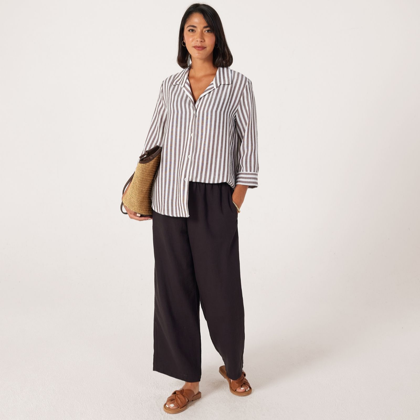 Kim & Co Striped Linen Feel Olivia 3/4 Sleeve Relaxed Shirt