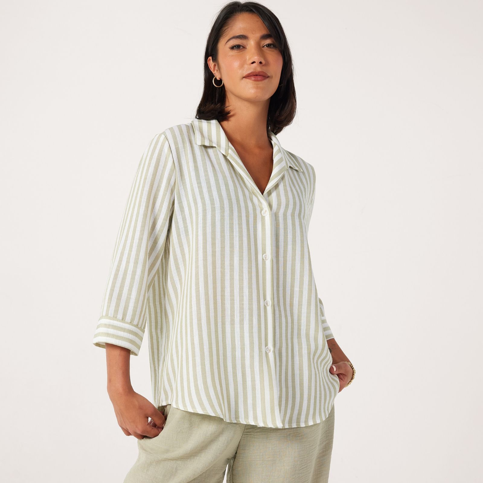 Kim & Co Striped Linen Feel Olivia 3/4 Sleeve Relaxed Shirt